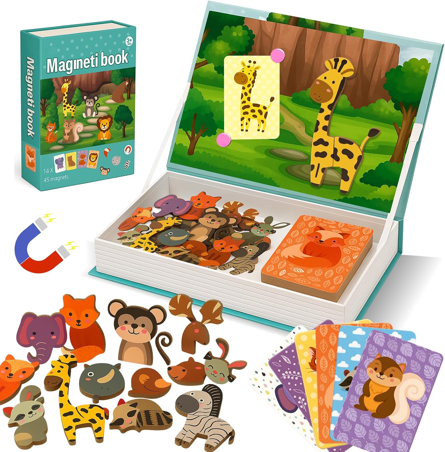Animal Magnetic Busy Book for Toddlers, 45 Magnet Puzzles Toys | Montessori Quiet Travel Toy with 14 Activity Cards, Magnet Puzzles, Preschool Learning Game for Kids Ages 3+