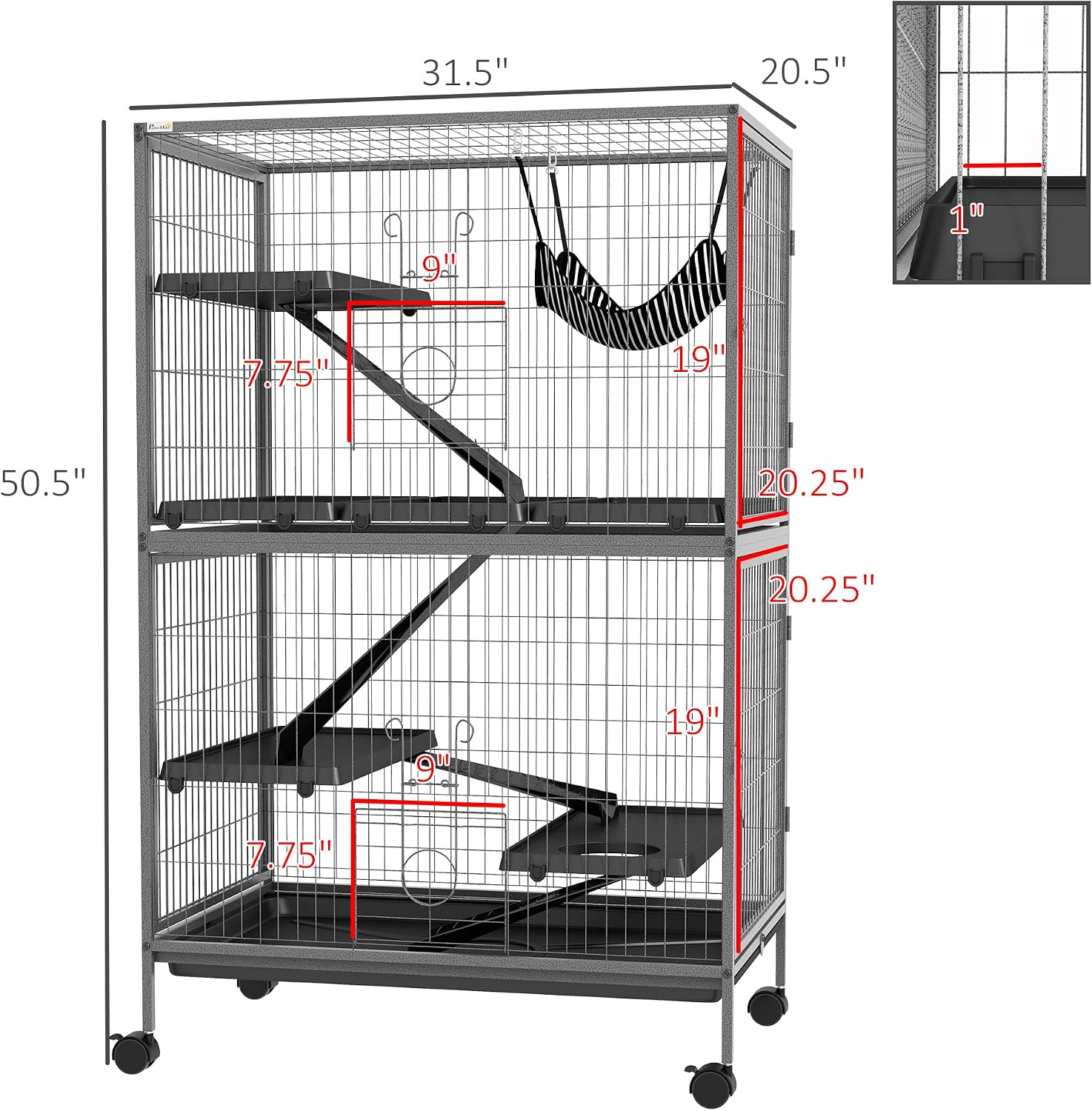 PawHut 50" 5-Tier Small Animal Cage, Ferret Cage, Large Chinchilla Cage with Hammock Accessory & Heavy-Duty Steel Wire, Small Animal Habitat with 4 Doors, Removable Tray, Gray - Image 7