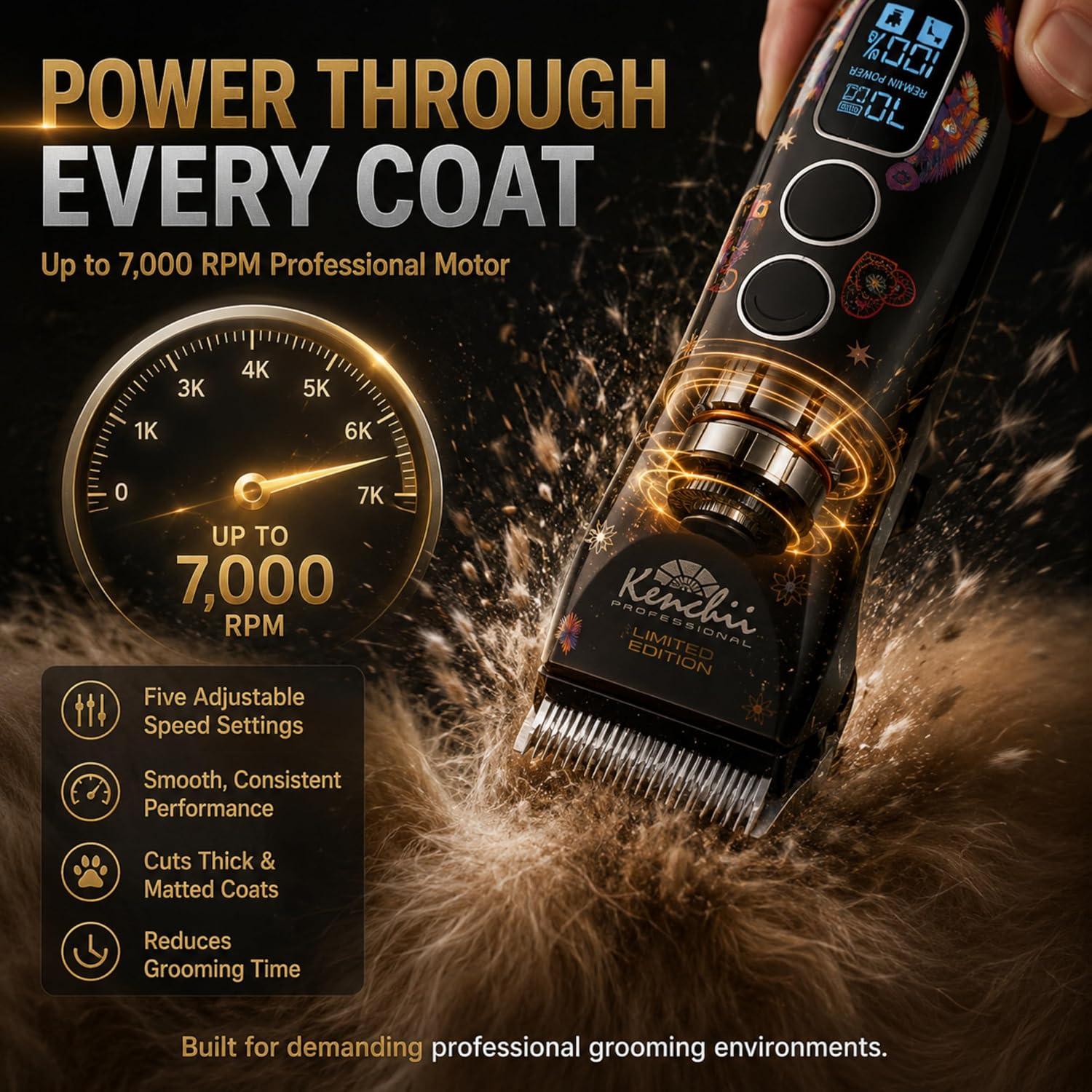 Kenchii Flash 5 Professional Dog Grooming Clippers, Cordless 5-Speed Pet Hair Trimmer for Thick Coats & Matted Fur, Quiet Heavy Duty Clipper, 5-in-1 Adjustable Blade, LCD Display, USB-C (Wolf Edition) - Image 3