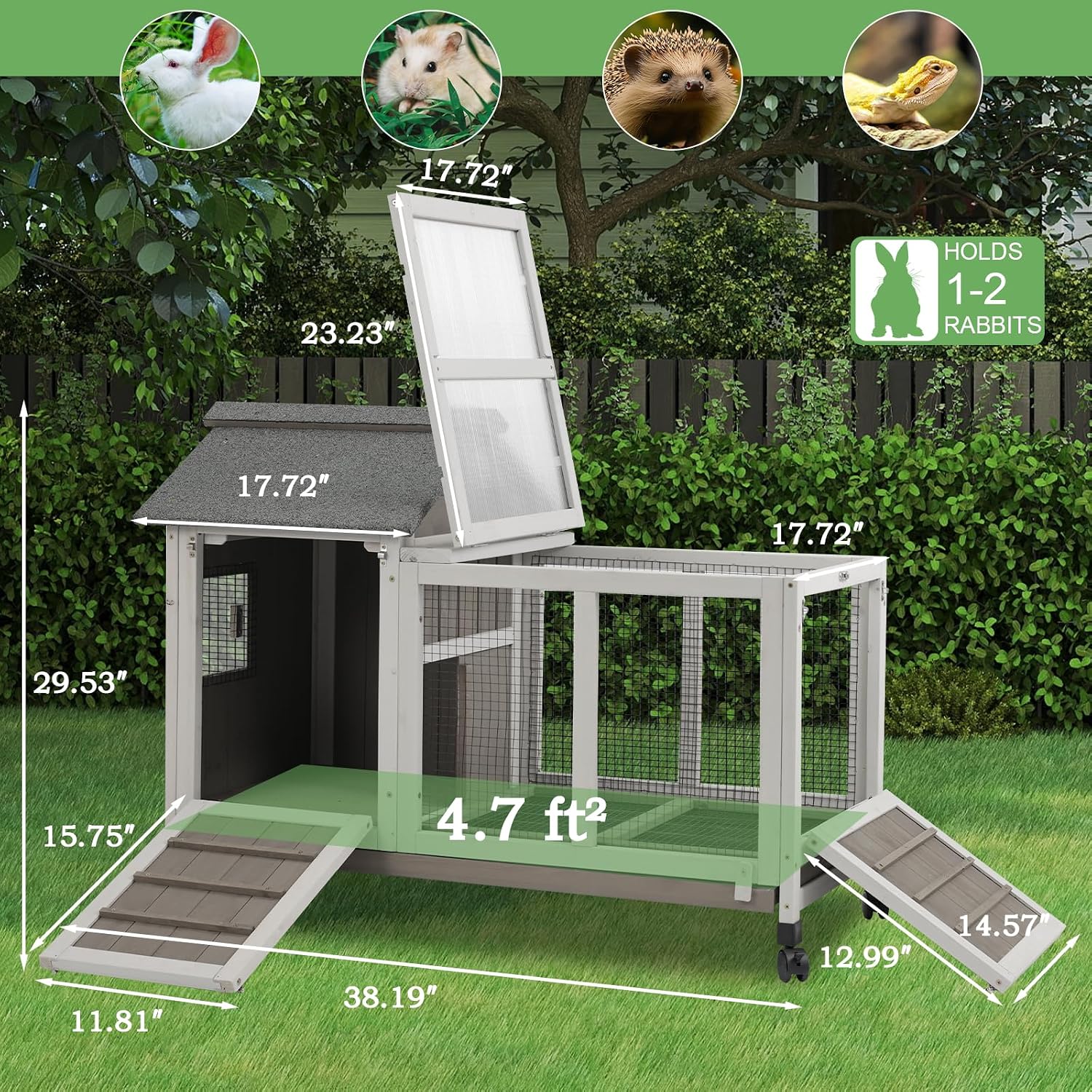 Gowoodhut 38.19"L Rabbit Hutch Indoor and Outdoor with 4 Wheels,Wooden Rabbit Cage with Pull Out Leak-Proof Tray for 1-2 Rabbits,Bunny Hutch with Asphalt Roof Suitable for Garden,Park,Living Room,Grey - Image 7