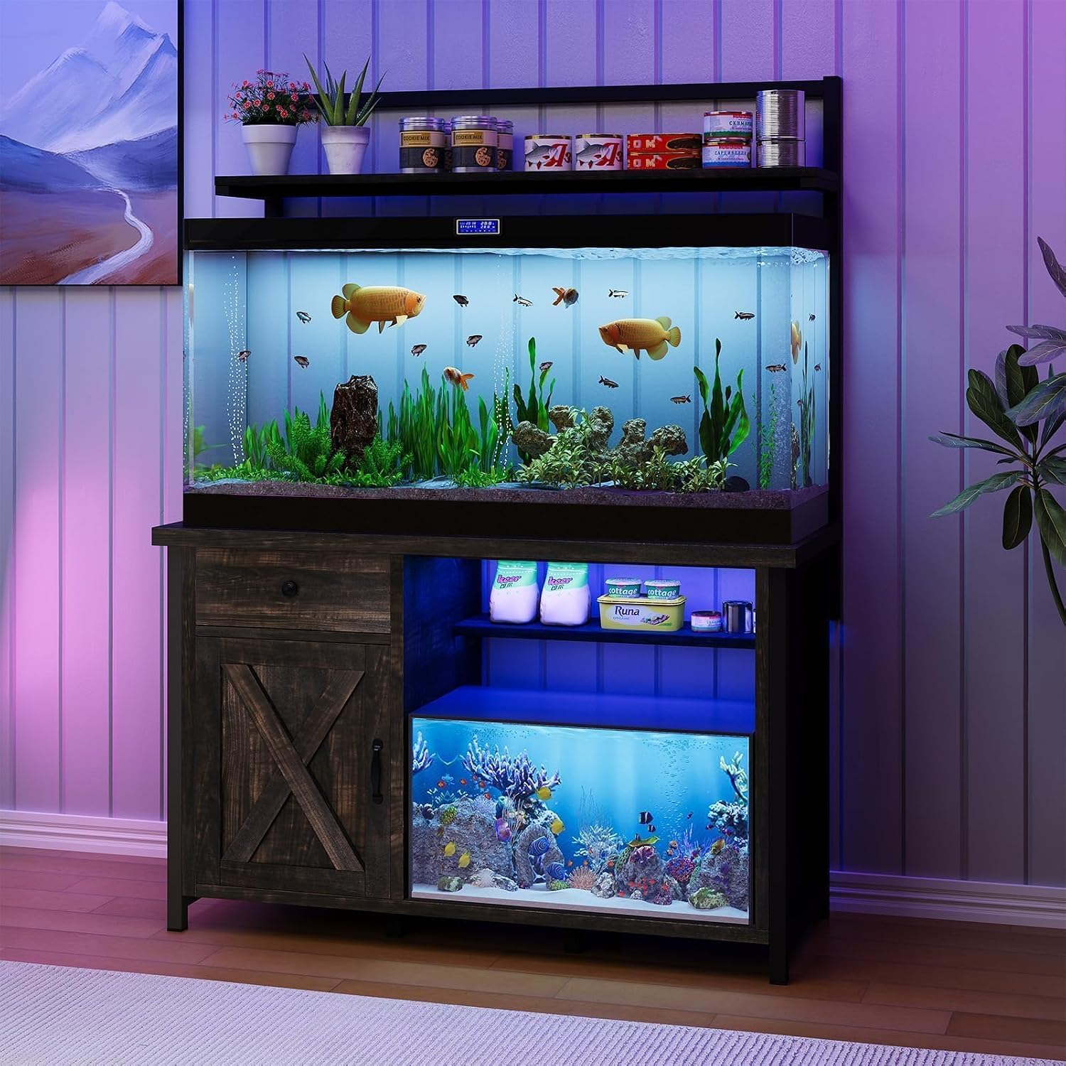 55-75 Gallon Fish Tank Stand with Power Outlet, Led Light, Heavy Duty Aquarium Stand with Cabinet for Fish Tank Accessories Storage, Shelf, for Turtle Tank, Reptile Terrarium, 1100 LBS (Oak) - Image 7