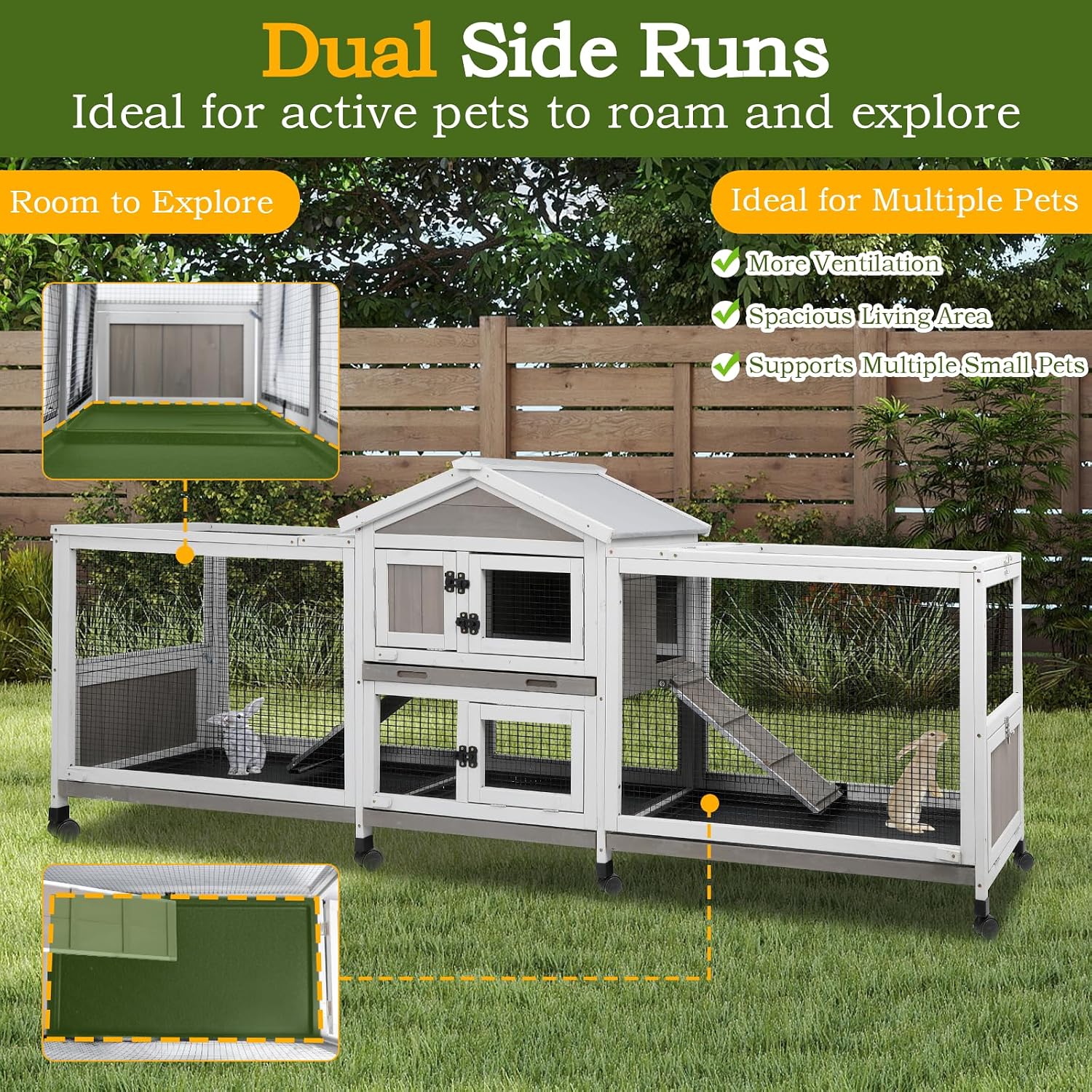 PetsCosset Double Rabbit Hutch Outdoor Indoor Large Bunny Cage with Dual Side Runs, 2-Story Wooden Hutch with 4 Leak Proof Trays, 8 Wheels, Waterproof Roof, Ramp, for Small to Medium Animals - Image 4