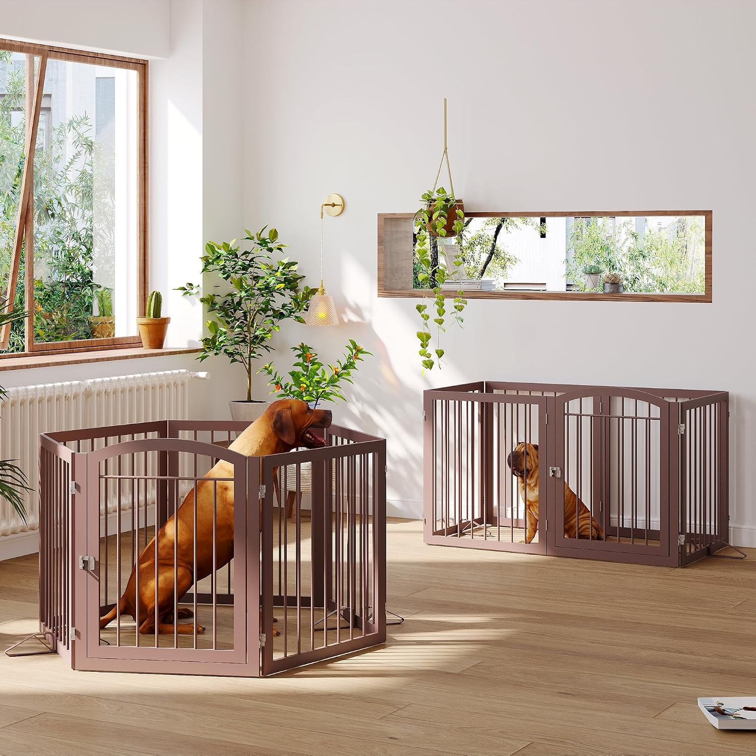 JSB 144-inch Extra Wide 30-inch Tall Dog gate with Door Walk Through, Freestanding Round Tube Pet Gate for Halls Stairs, Puppy Safety Dog Fence with 2PCS Support Feet (Espresso) - Image 4