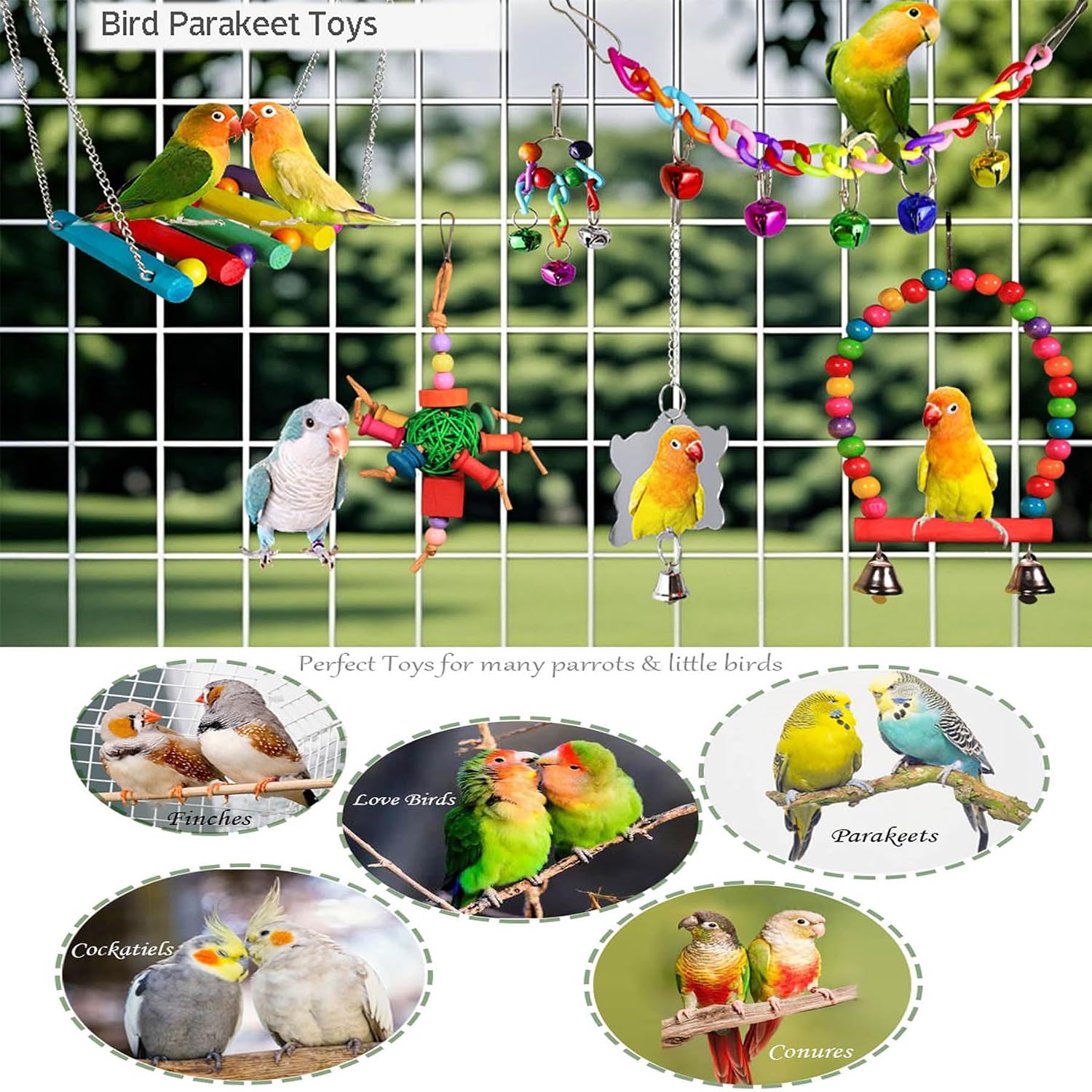 8 Pcs Parakeet Cockatiel Bird Toys, Parrots Cage Accessories Swing Wooden Perch Chewing Toy for Budgerigar, Conures, Love Birds, Finches, Budgies - Image 3