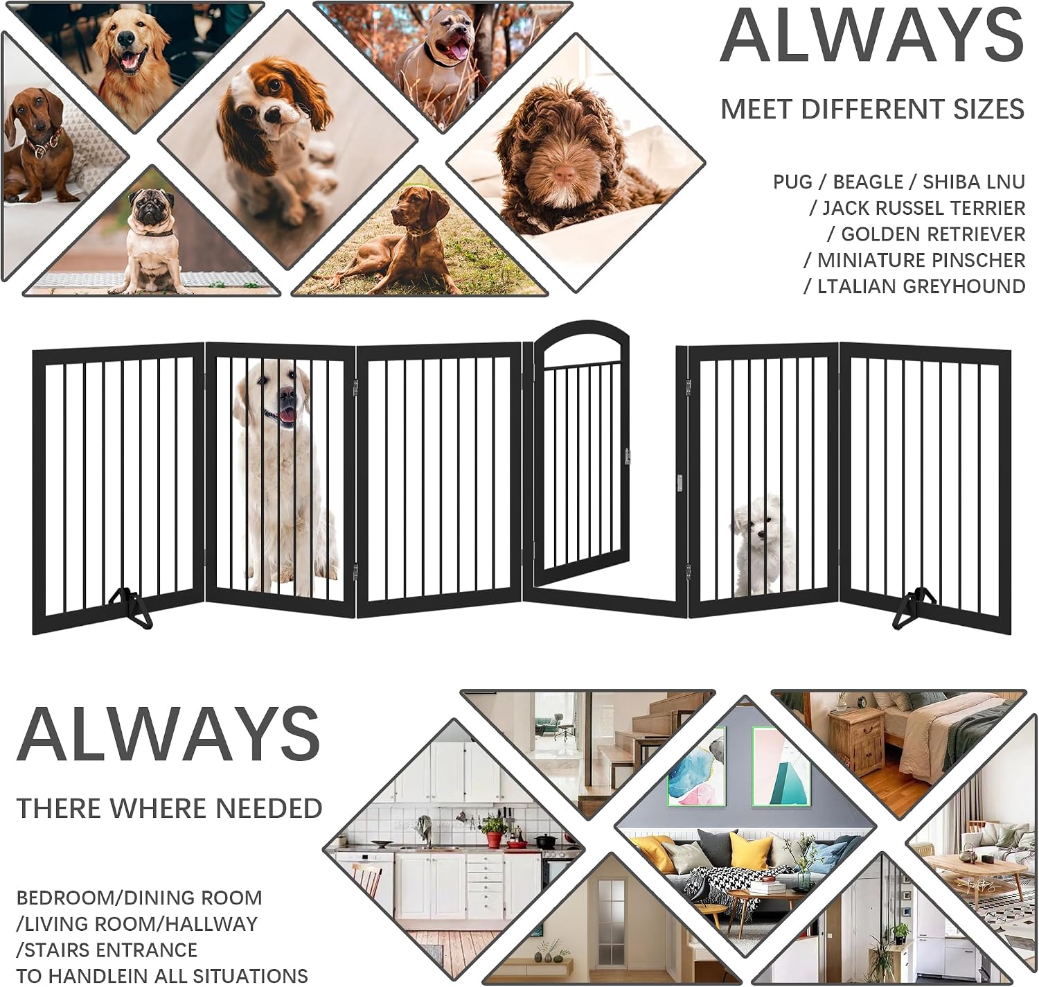 JSB 144-inch Extra Wide 30-inch Tall Dog gate with Door Walk Through, Freestanding Round Tube Pet Gate for Halls Stairs, Puppy Safety Dog Fence with 2PCS Support Feet (Black) - Image 6