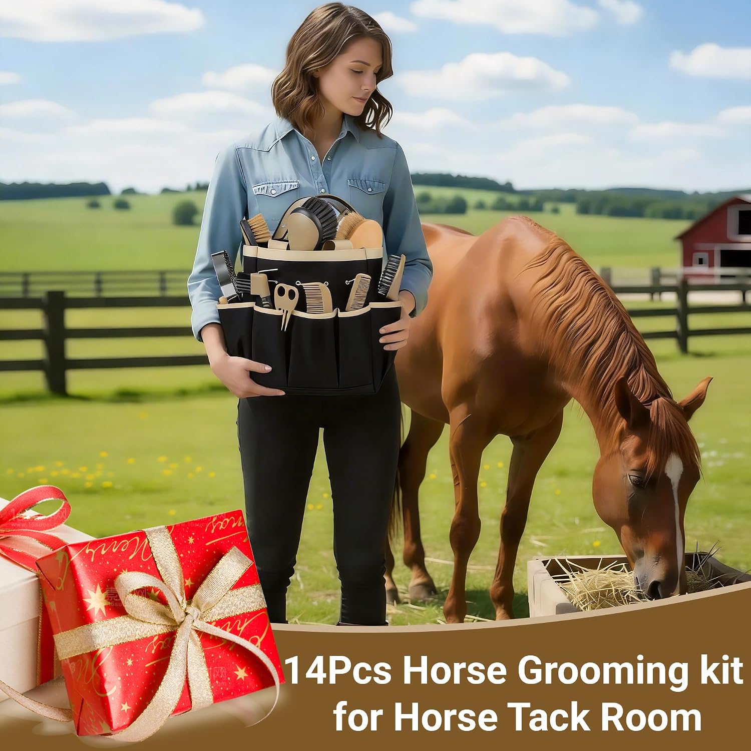 Horse Grooming Kit, 14-in-1 Professional Horse Brush Supplies Set for Grooming & Care, with Horse Brushes, Curry Comb, Hoof Pick & Waterproof Storage Tote Bag for Shining, Detangling, Massaging(Khaki) - Image 7