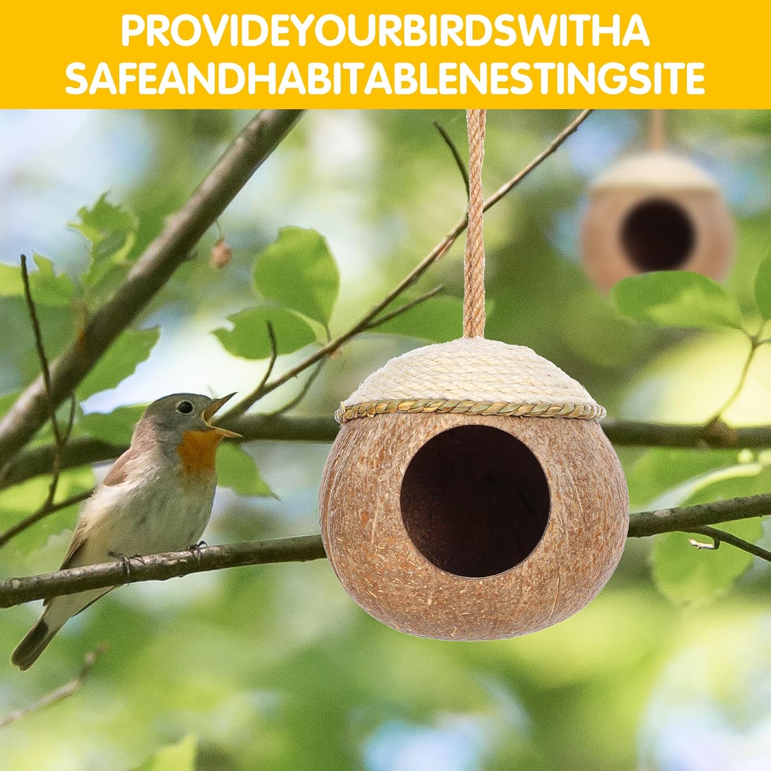 3 Pcs Natural Coconut Bird Hide Nest Hut for Cage with Woven Straw Bird Parakeet Coconut Fiber Hanging Birdhouse Cage Habitats Decor for Parrot Cockatiel Lovebird Finch Squirrel Hamster - Image 4