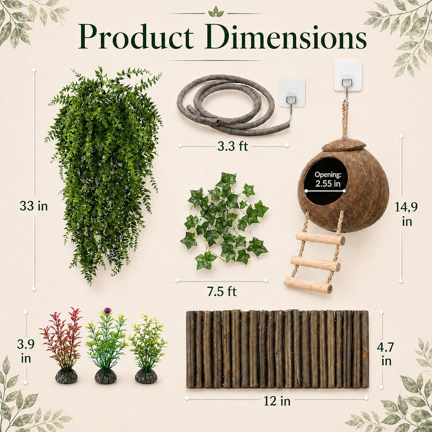 HERCOCCI Crested Gecko Tank Accessories, Reptile Hanging Plants Vines with Natural Coconut Shell Hideout & Climbing Ladder Decor for Hermit Crab Lizard Leopard Gecko Chameleon Snake Terrarium Decor - Image 9