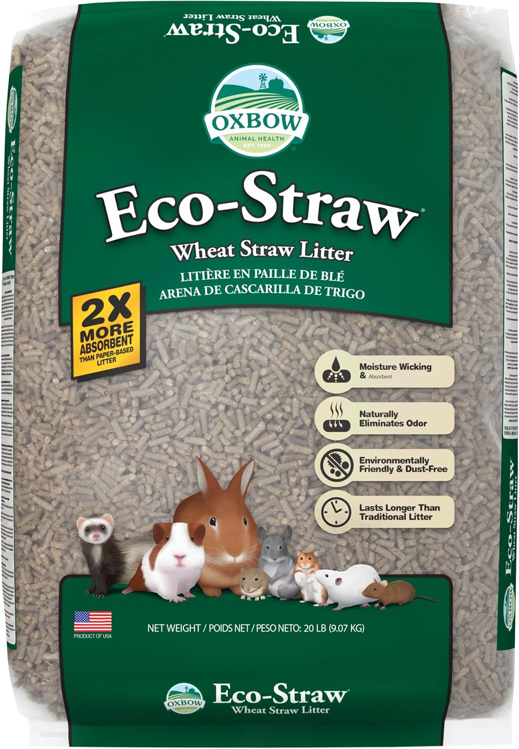Oxbow Eco Straw Wheat Straw Litter for Small Animals, Low Dust, Rabbit, Guinea Pig, Ferret, & Cat Litter, Oxbow, Moisture Wicking Pellets for Guinea Pig, Made in USA, 20 lb. Bag