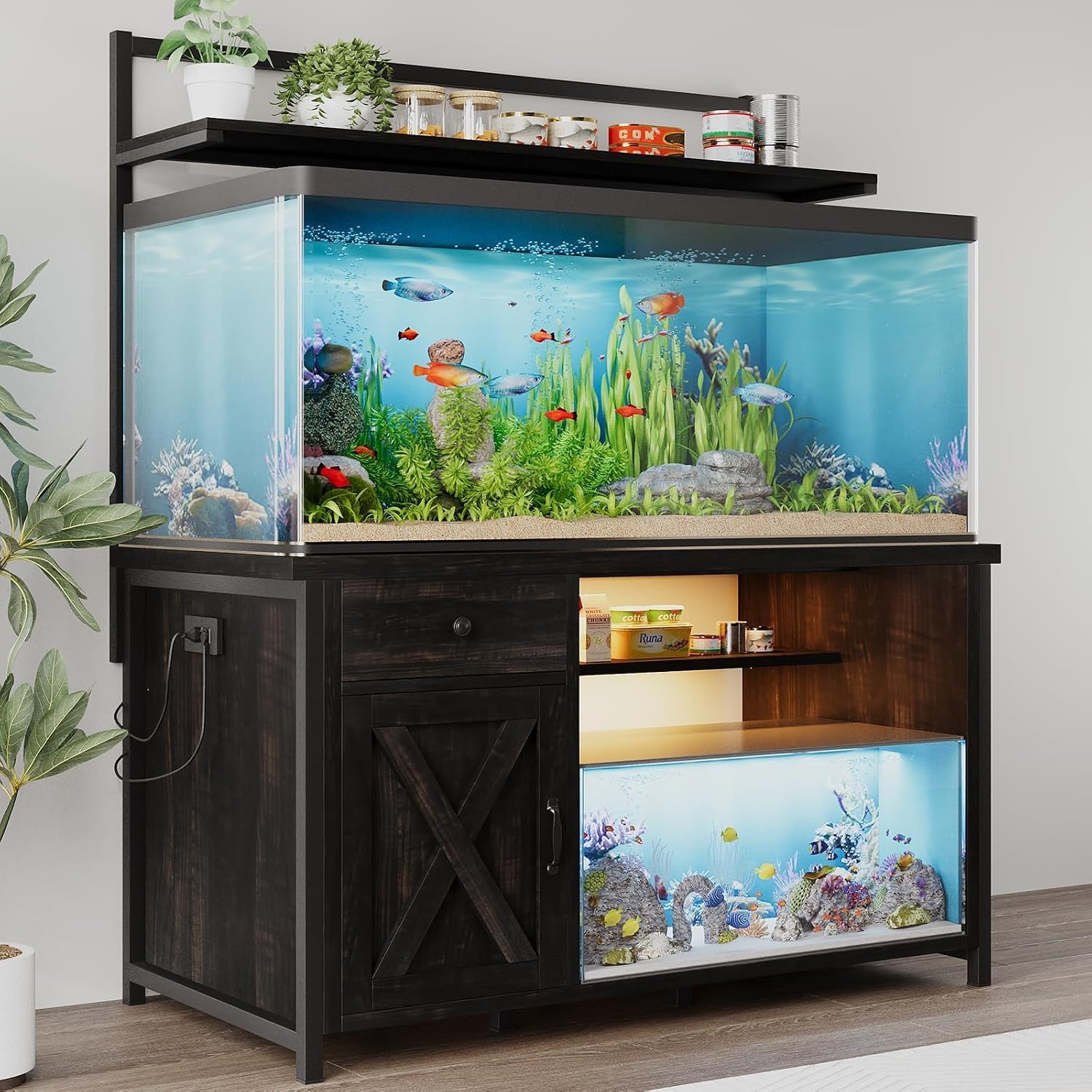 55-75 Gallon Fish Tank Stand with Power Outlet, Led Light, Heavy Duty Aquarium Stand with Cabinet for Fish Tank Accessories Storage, Shelf, for Turtle Tank, Reptile Terrarium, 1100 LBS (Oak)