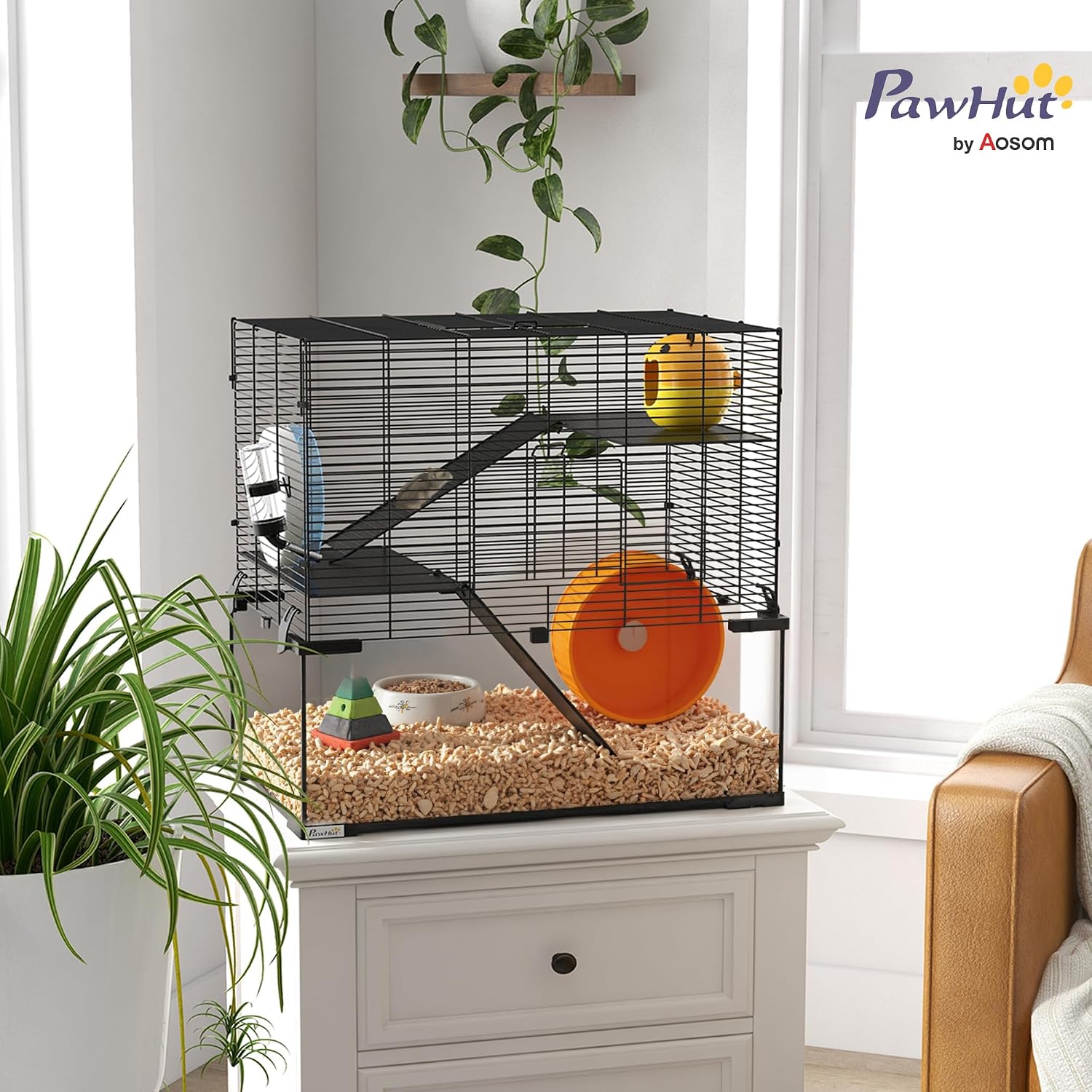 PawHut Large Hamster Cage with Deep Tempered Glass Bottom, 3 Tiers Hamster Tank with Running Wheel, Hut, Water Bottle, Dish, Rat Cage for Syrian, Dwarf, Gerbils, Mouse, 23.5" x 16" x 22.5", Black - Image 2