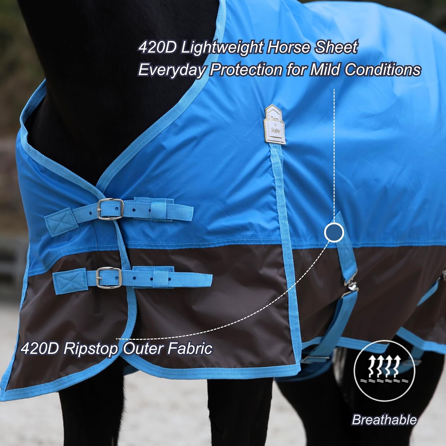 BARN & STABLE 420D Ripstop Lightweight Horse Turnout Sheet, No Fill, Water-Resistant & Breathable Horse Blanket for Spring and Mild Weather, with Anti-Rub Fleece Withers - Image 3
