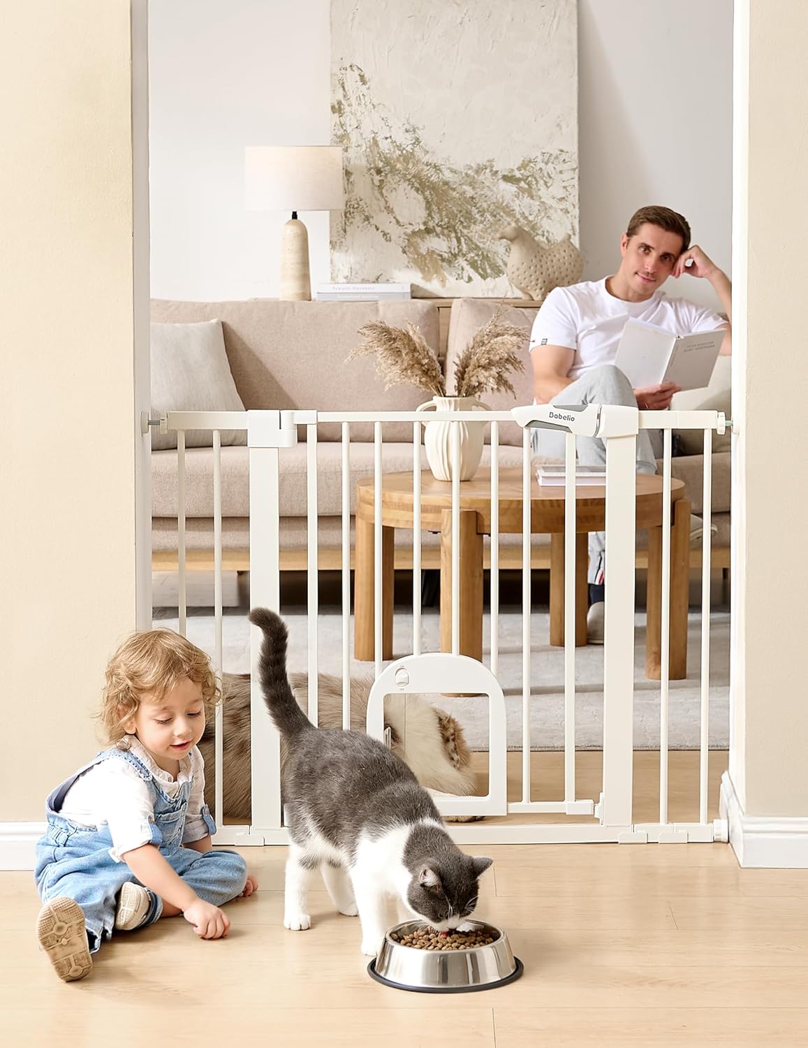 Babelio Upgraded Baby Gate with Adjustable Cat Door, CatPrivilege Ⅲ, 29-43" Auto Close Durable Dog Gate for Stairs, Doorways and House, Easy Walk Thru Safety Gate with Pet Door, White