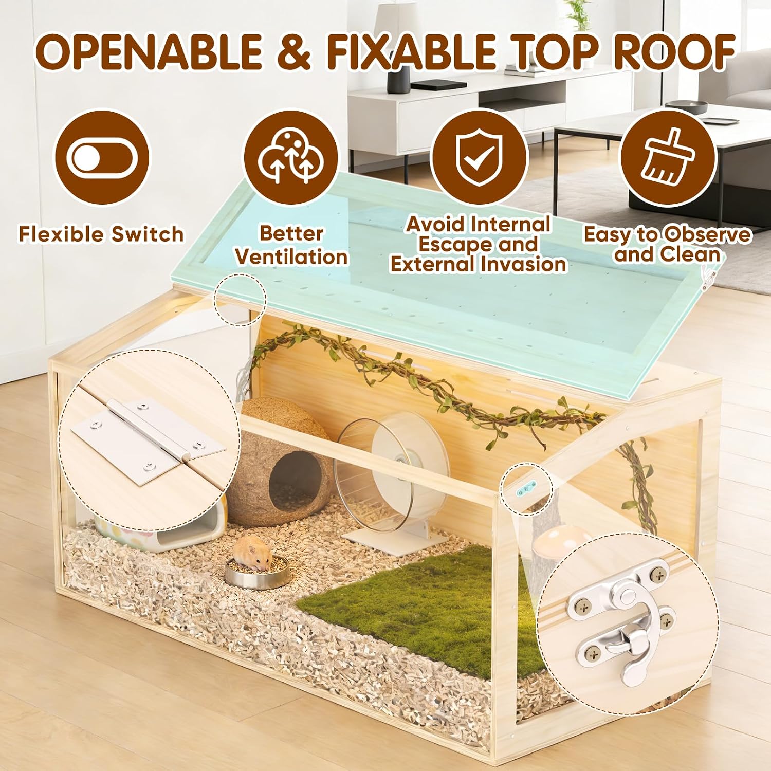 Wooden Hamster Cage, 40inch Large Hamster Enclosure with Openable Top & Stabilized Acrylic for Small Animals, Guinea Pig, Rabbit, Rat, 40" L x 20''W x 20''H Hamster Habitat with Multi-Vent - Image 6