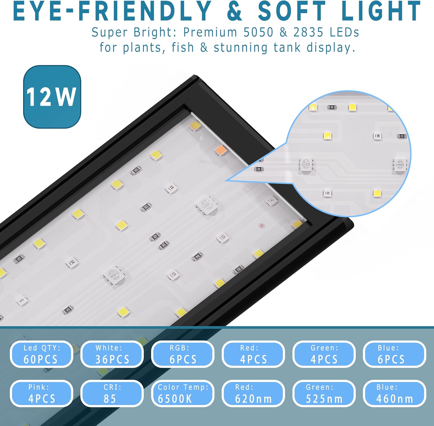 24/7 Mode LED Aquarium Light for 12-18 Inch Plant & Fish Tank, IP68 Full Spectrum Light, Sunrise-Daylight-Moonlight, White Red Green Blue Pink LEDs with Extendable Brackets for Freshwater - Image 4
