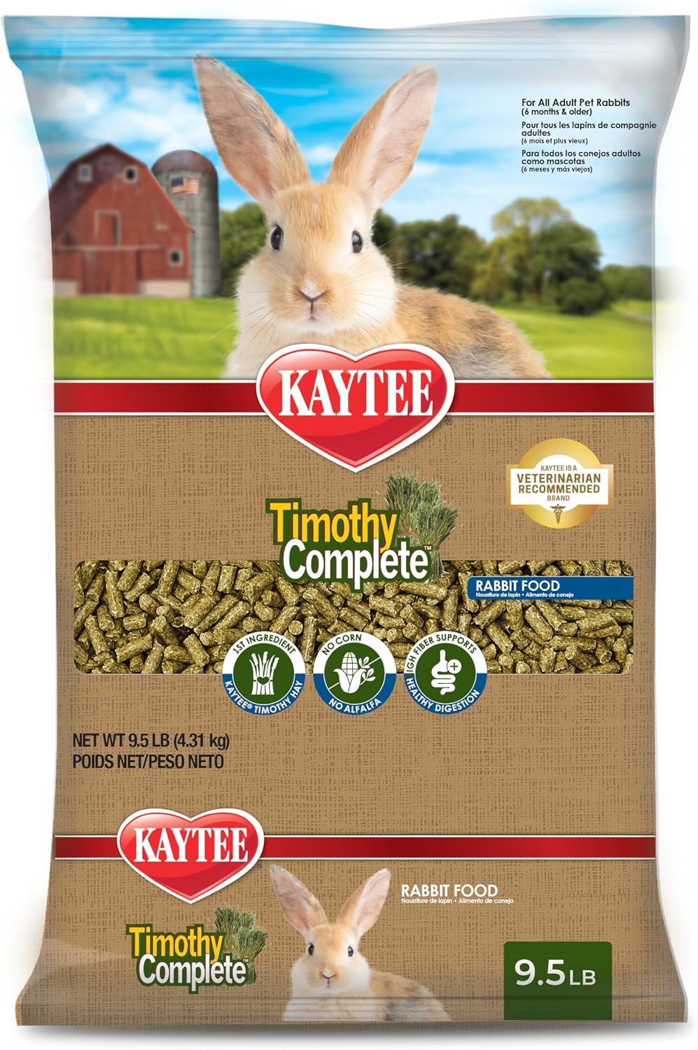 Kaytee Timothy Complete Rabbit Food, Made with Timothy Hay, High in Fiber, Supports Dental Health and Digestion, 9.5 pounds