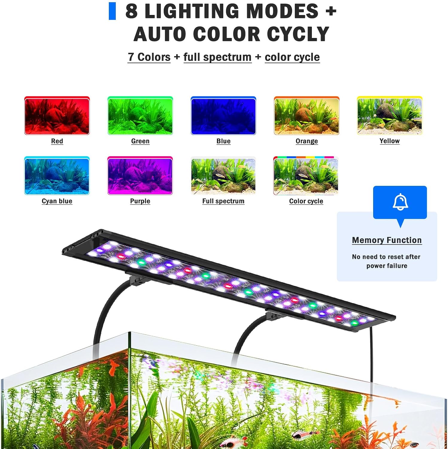 AQQA LED Aquarium Light, 24/7 Mode Clip on Fish Tank Light with Memory Function, DIY Mode Full Spectrum Aquarium Plant Light, Adjustable Timer/Brightness, IP68 Waterproof for 40-48 Inch Fish Tank 35W - Image 5