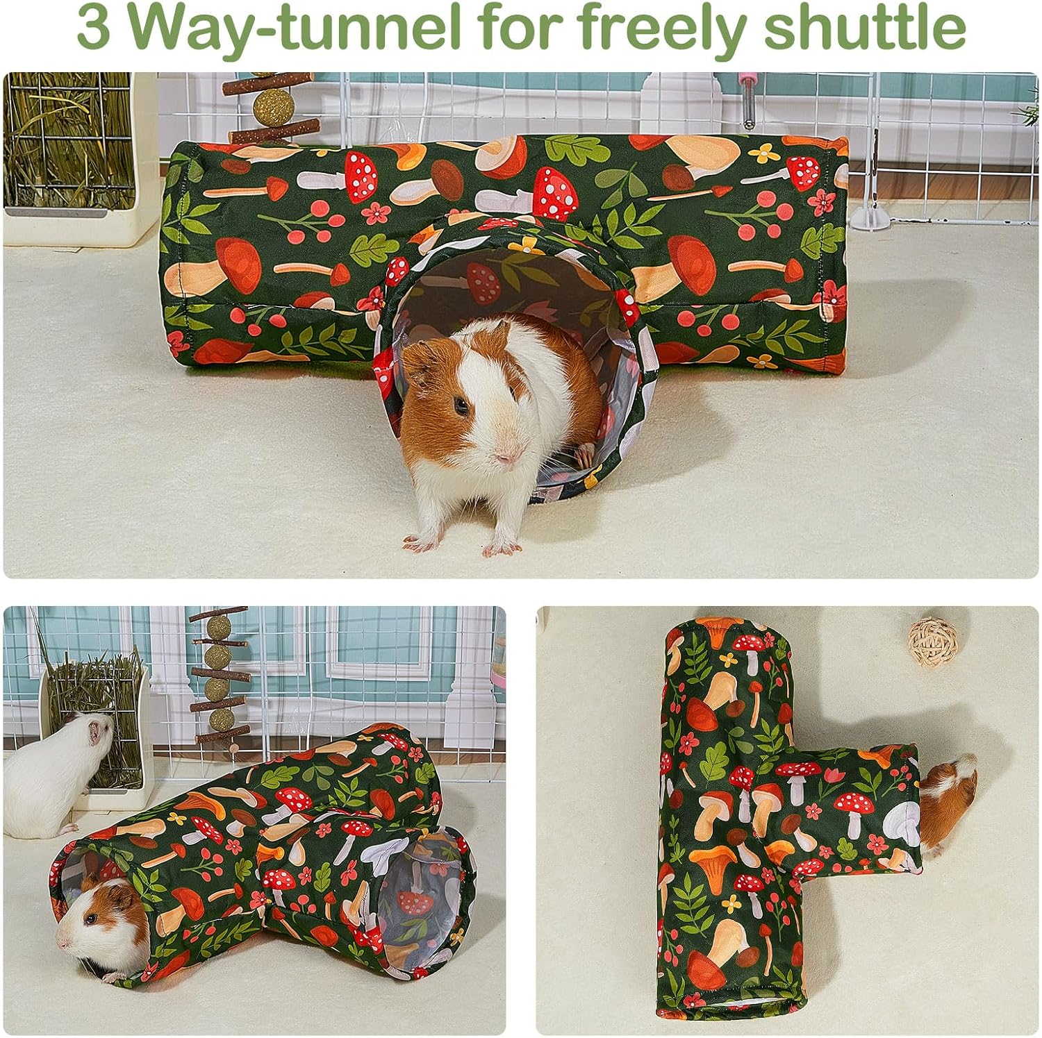 Bienbee Guinea Pig Tunnel, 3 Way Washable Guinea Pig Hideout,Foldable Rabbit Tunnel Guinea Pigs Toys for Bunny Hamster Chinchilla Ferret Rabbit Guinea Pigs Accessories Mushroom - Image 5