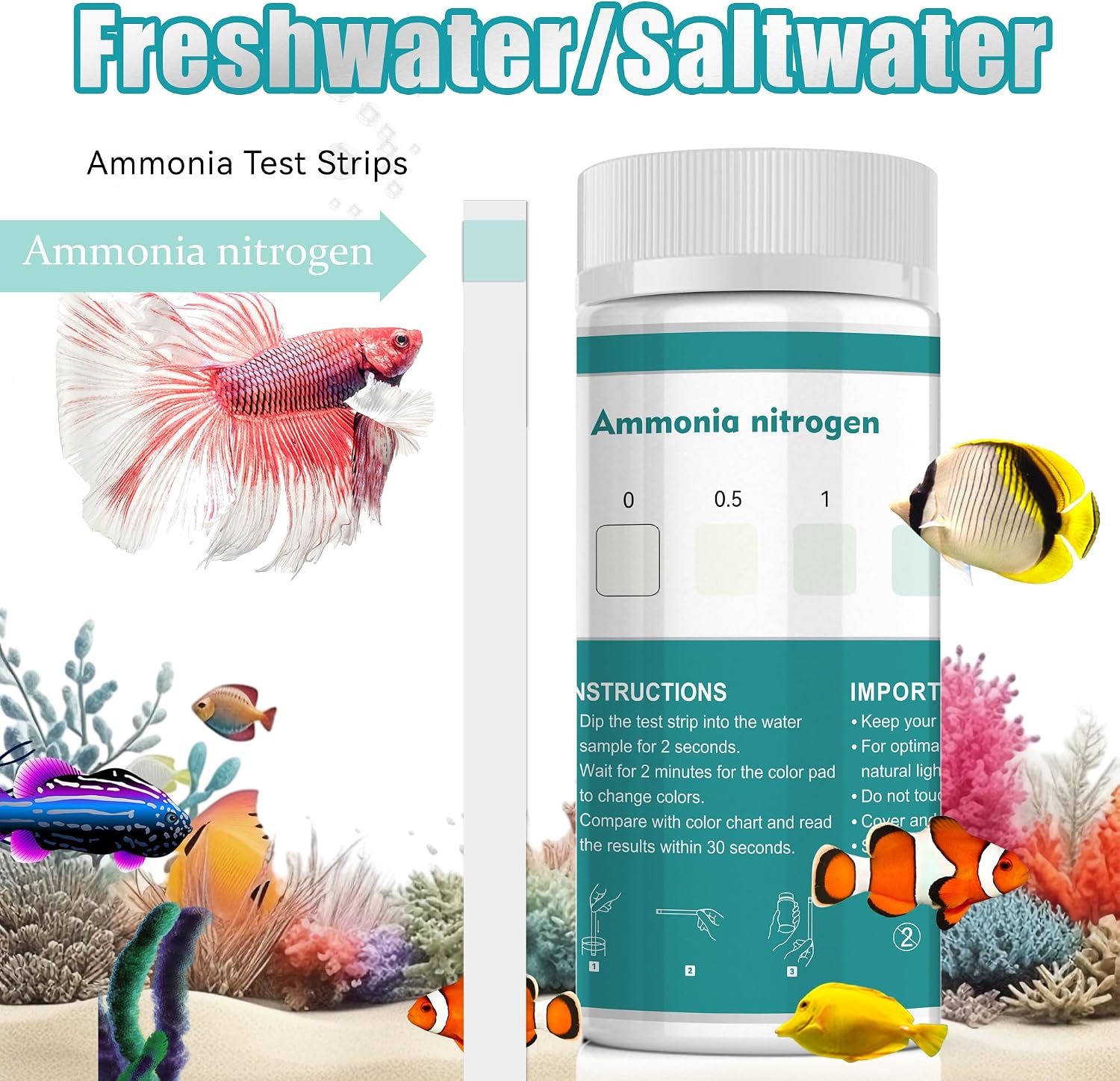 Ammonia Test Strips,60 Strips Aquarium Test Kit for Fish Tanks & Ponds | Quick & Accurate Freshwater SaltWater Aquariums Testing Strips - Image 2