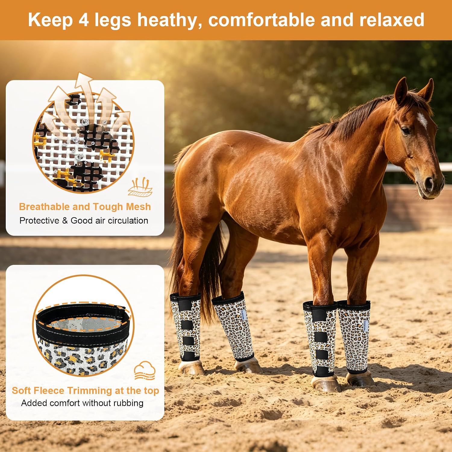 Leopard-Print Horse Fly Boots Set of 4, Soft Top Loose Fitting Leggings for Horses, Cheetah Print Style Design, Equine Breathable Adjustable 4 Leg Wraps Socks, Reliable Leg Guards for 4 Legs - Image 4