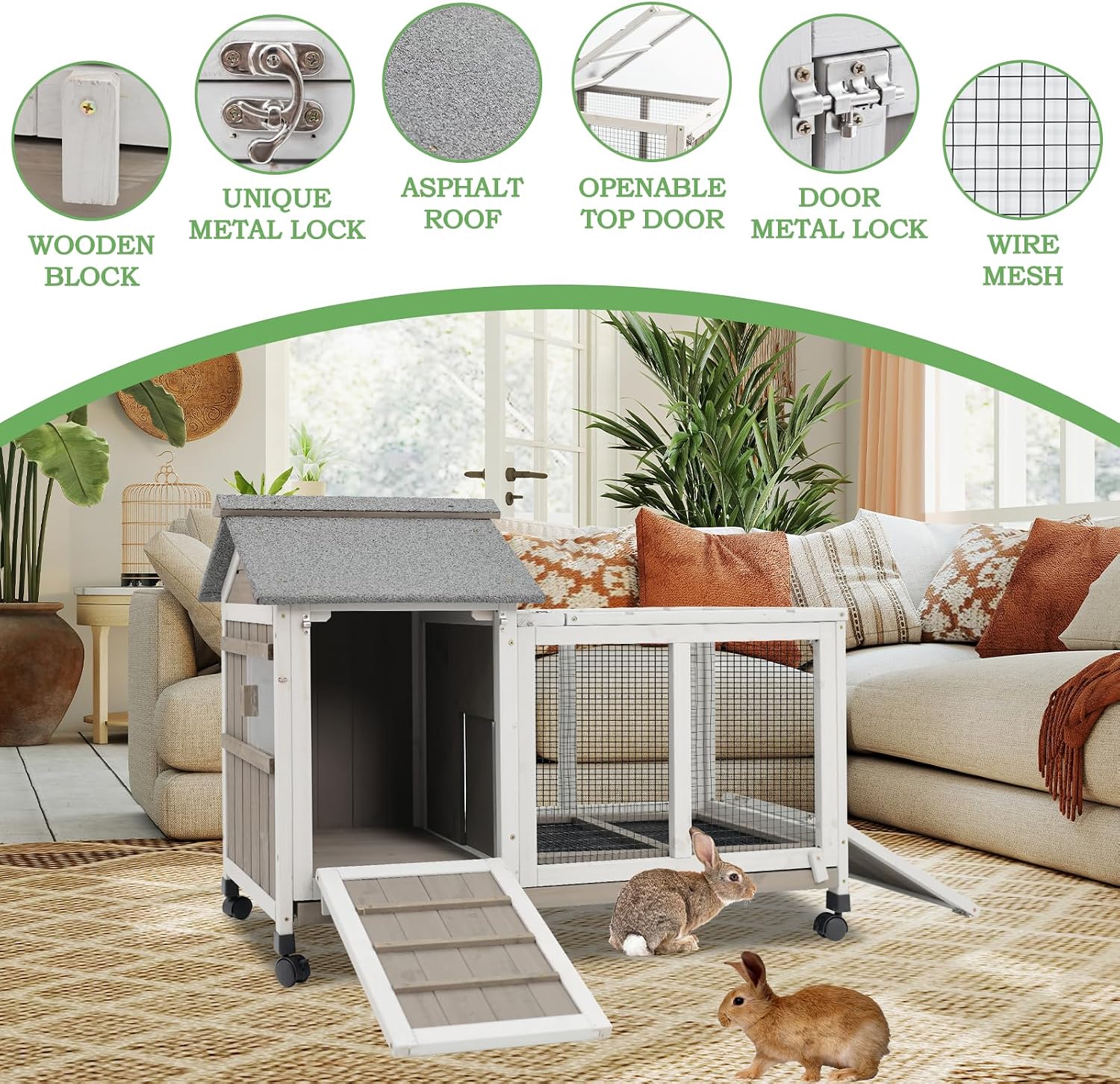 Gowoodhut 38.19"L Rabbit Hutch Indoor and Outdoor with 4 Wheels,Wooden Rabbit Cage with Pull Out Leak-Proof Tray for 1-2 Rabbits,Bunny Hutch with Asphalt Roof Suitable for Garden,Park,Living Room,Grey - Image 8