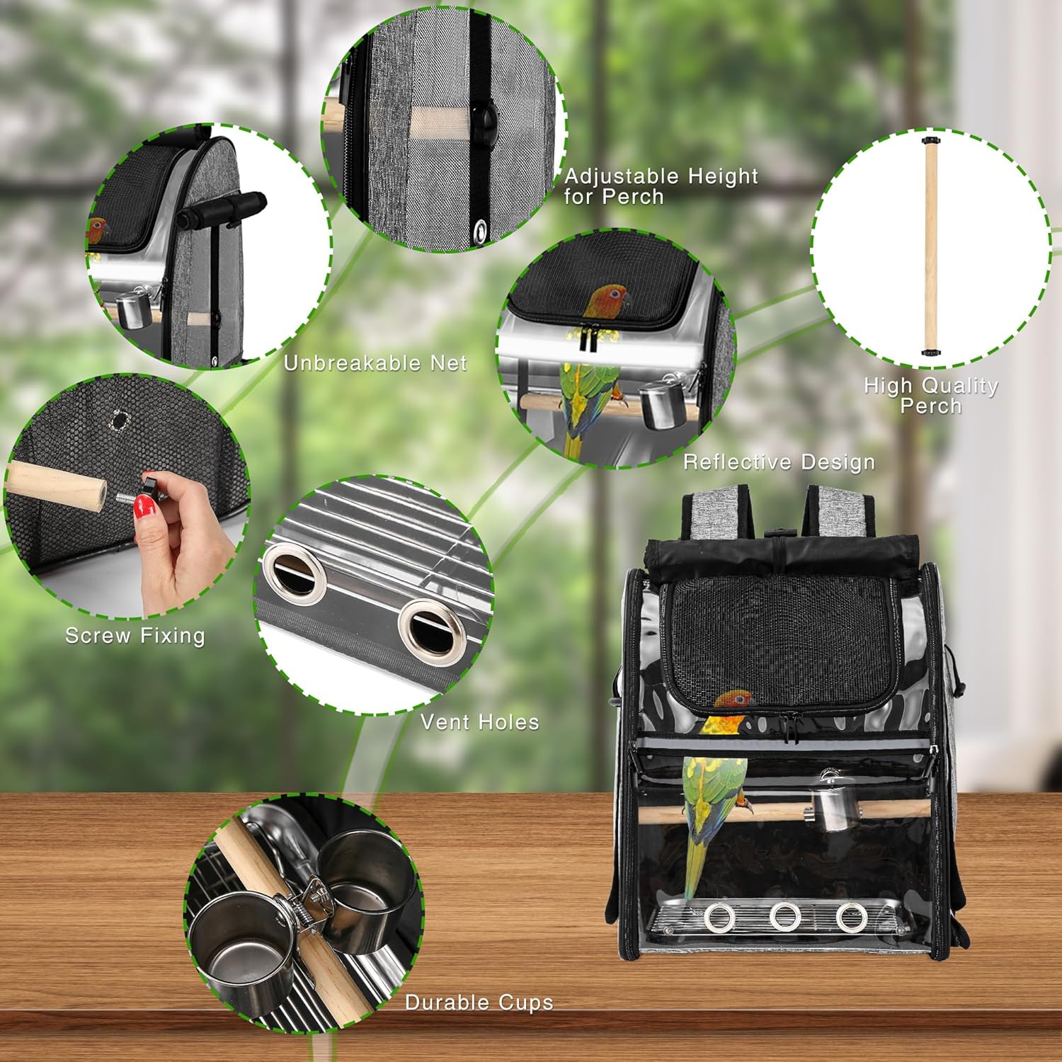 Bird Carrier Bag with Indestructible Stainless Steel Mesh, Bird Travel Cage with Stand, Easy to Clean Backpack for Parrot, Portable Bird Travel Bag, Grey - Image 3