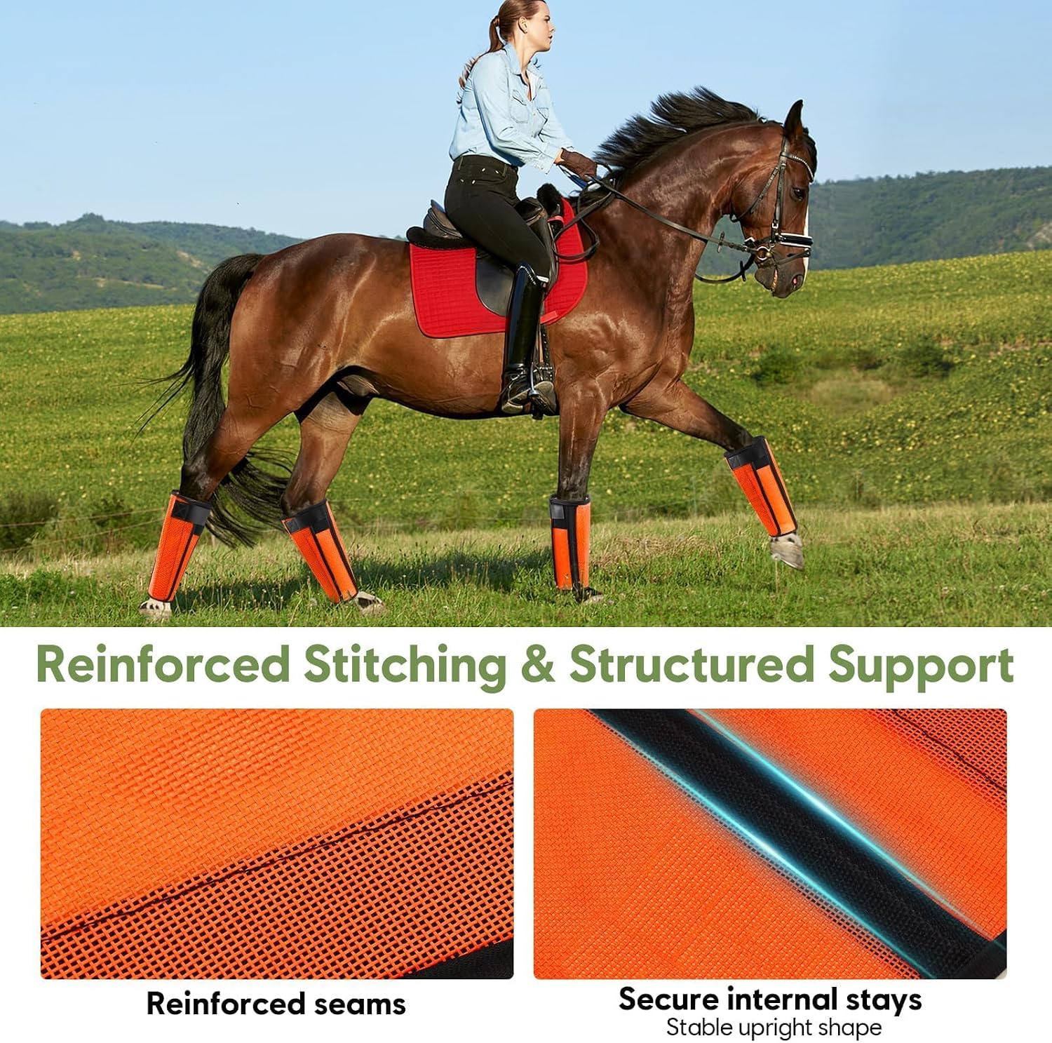 Fly Boots for Horses Set of 4, Horse Fly Boots with Reinforced Stitching, Extra-Wide Adjustable Hook & Loop Strap for Secure Fit, Breathable Mesh Fly Leg Wraps for Horse (4Pack, Orange) - Image 5