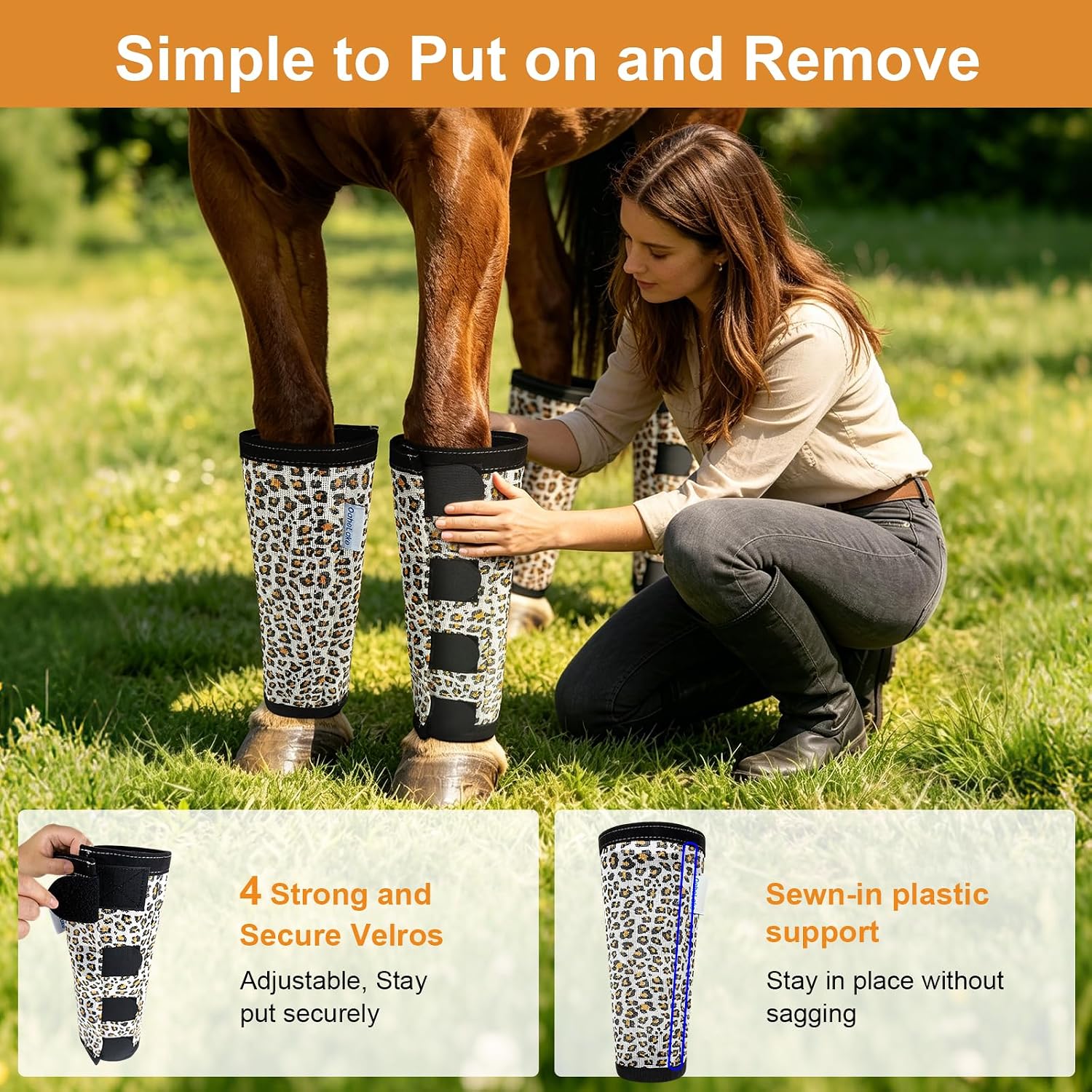 Leopard-Print Horse Fly Boots Set of 4, Soft Top Loose Fitting Leggings for Horses, Cheetah Print Style Design, Equine Breathable Adjustable 4 Leg Wraps Socks, Reliable Leg Guards for 4 Legs - Image 3
