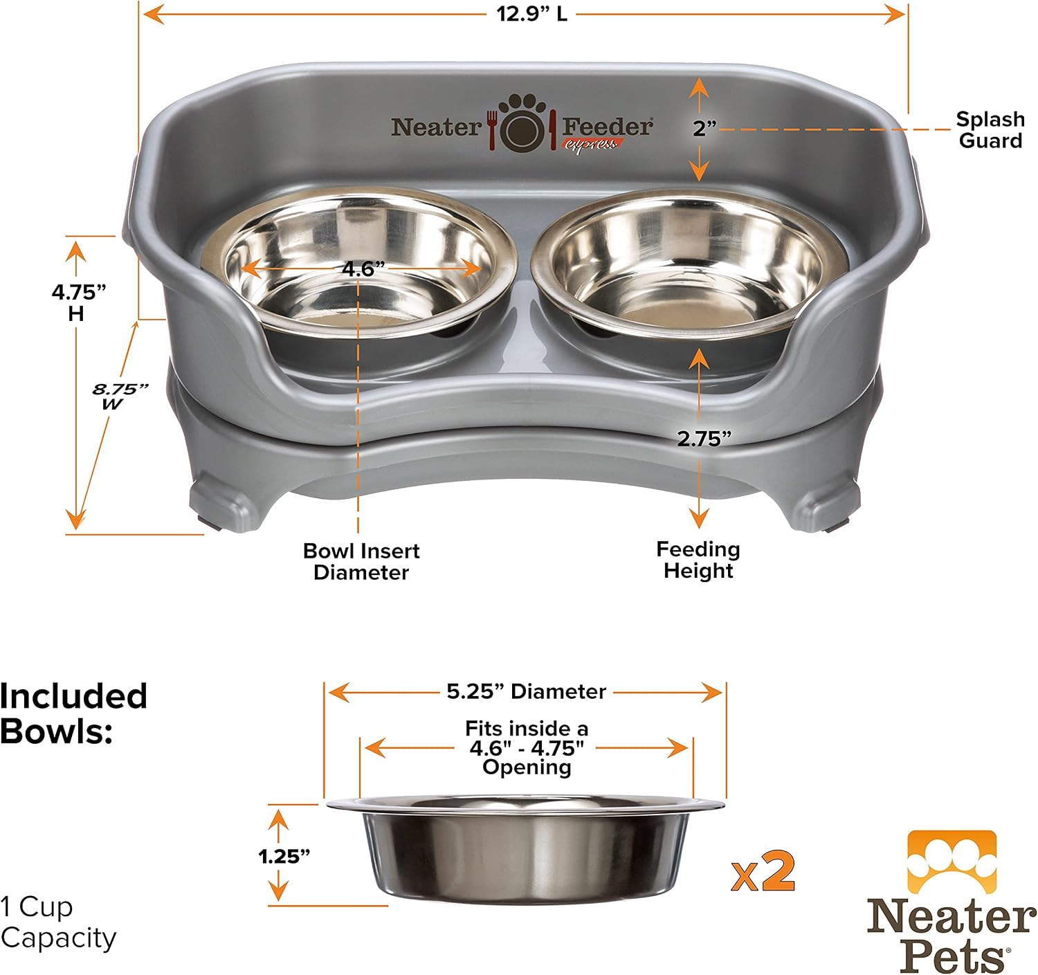 Neater Feeder Express Mess Proof Cat Bowls Elevated, No Spill Feeding Station, Stainless Steel Dishes for Food and Water, Raised Bowls for Indoor Cats, No Fatigue Whisker Friendly Dish, Grey - Image 6