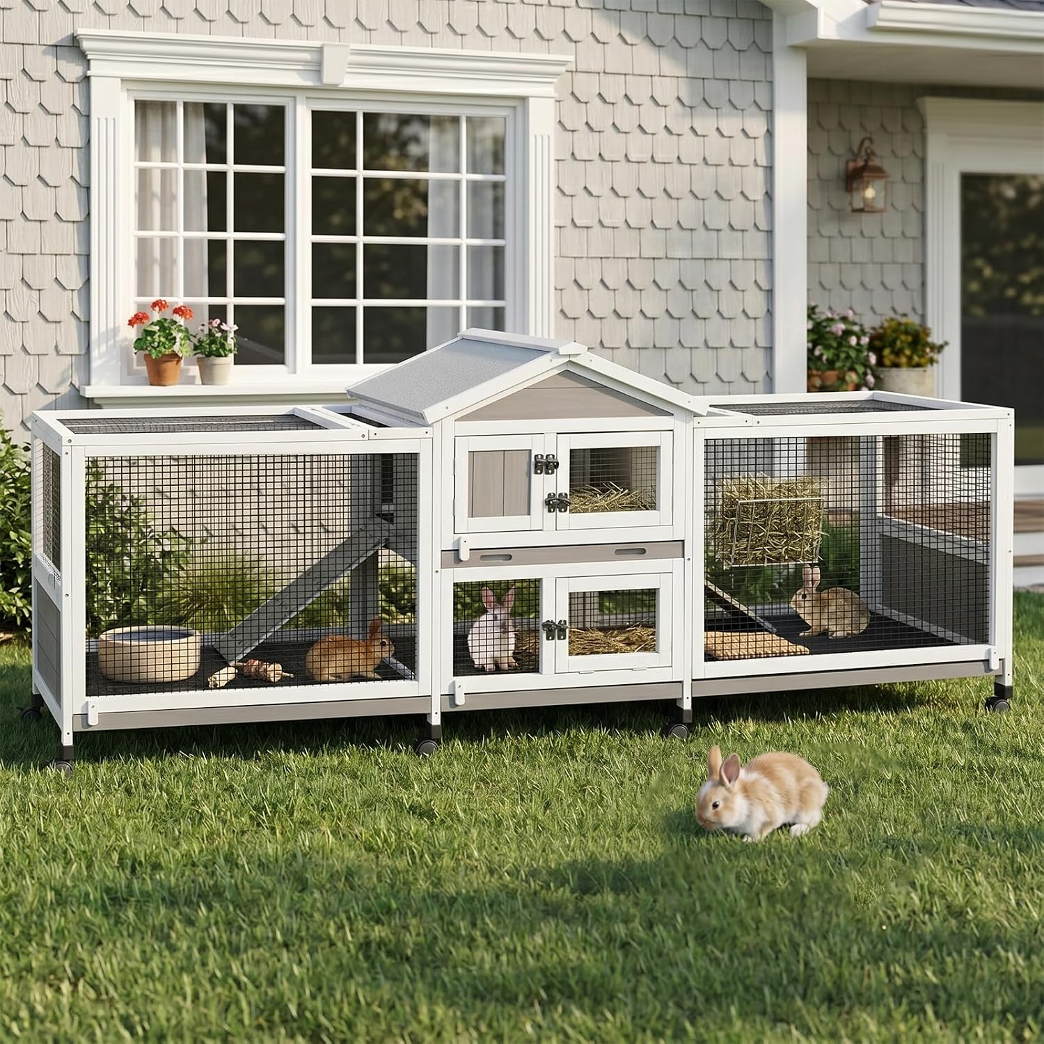 PetsCosset Double Rabbit Hutch Outdoor Indoor Large Bunny Cage with Dual Side Runs, 2-Story Wooden Hutch with 4 Leak Proof Trays, 8 Wheels, Waterproof Roof, Ramp, for Small to Medium Animals