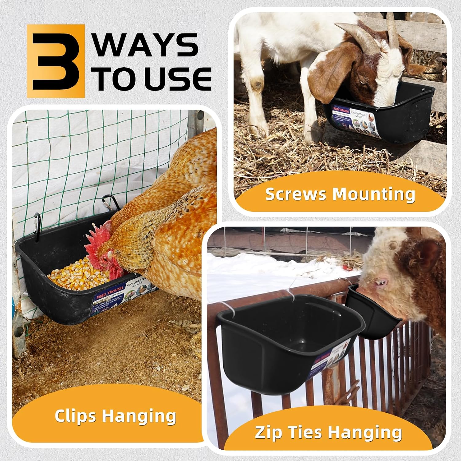 Goovilla Chicken Feeder Waterer, Hanging or Screw-in Fence Feeders with Clips, 2 Pack 5 Quart Goat Feeding Supplies, Duck Piglet Sheeple Coop Dog Livestock Poultry Plastic Feeder Trough Bucket, Black - Image 3