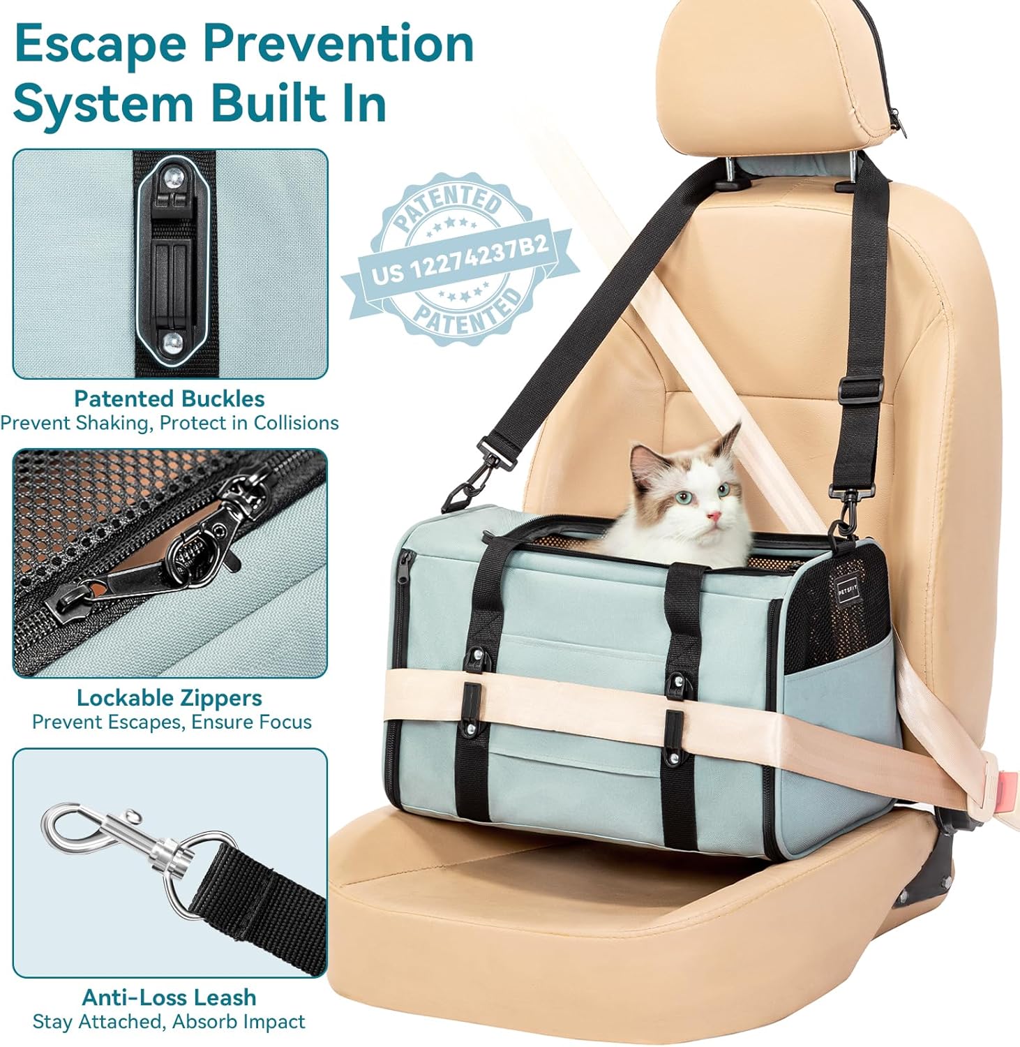 PETSFIT Soft-Sided Cat Carrier with Patented Safety Buckles, Lockable Zippers & Safety Tether,Escape-Resistant Travel Pet Carrier for Car Rides & Vet Visits, Airline Approved Under-Seat, Up to 12 lbs - Image 3