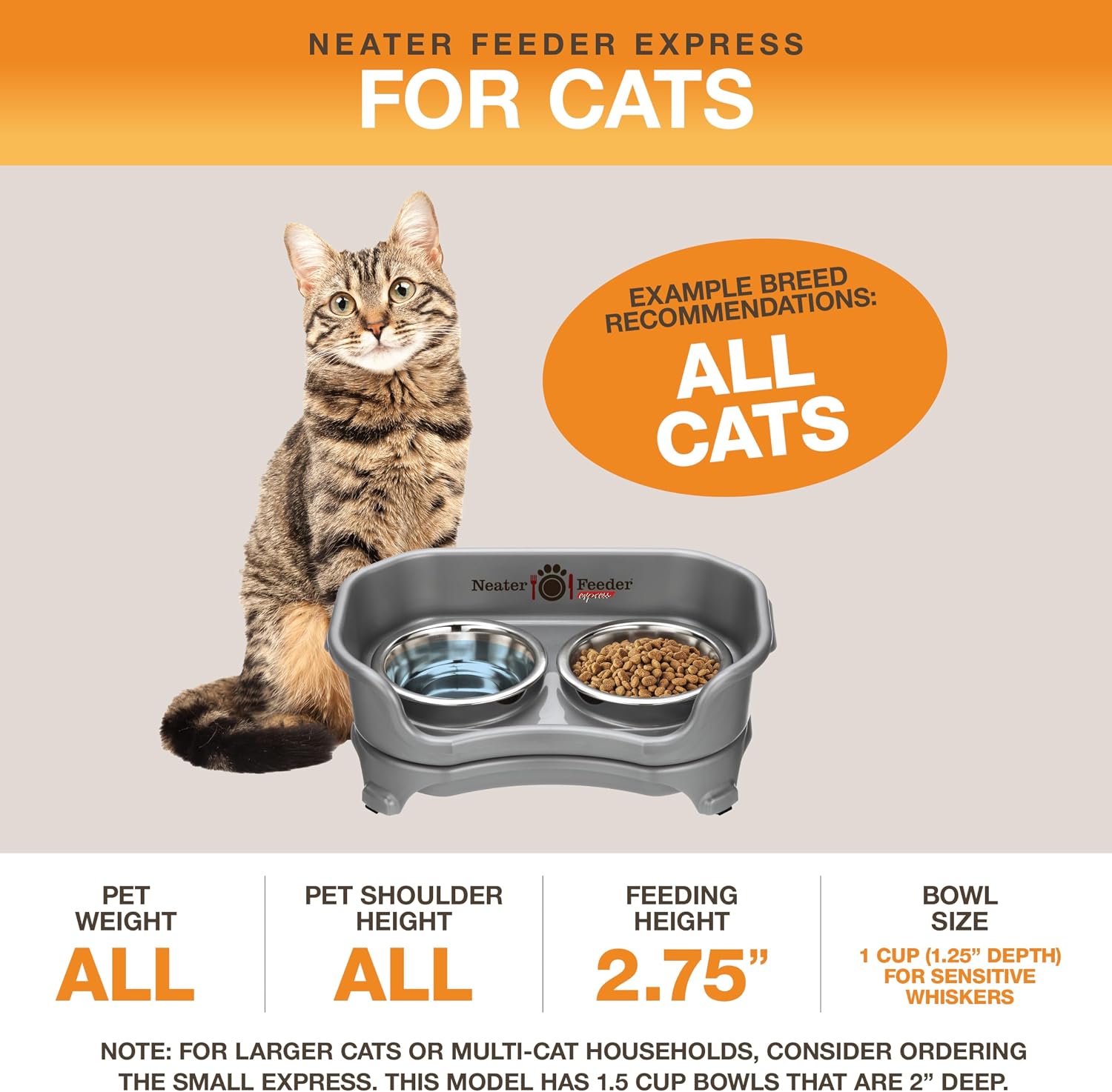 Neater Feeder Express Mess Proof Cat Bowls Elevated, No Spill Feeding Station, Stainless Steel Dishes for Food and Water, Raised Bowls for Indoor Cats, No Fatigue Whisker Friendly Dish, Grey - Image 5