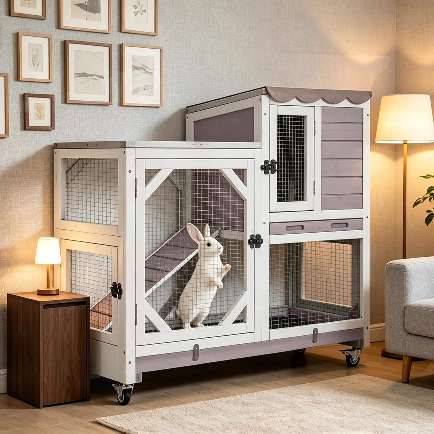 GUTINNEEN Duplex Rabbit Hutch Indoor with Chew-Proof Frame & 2 Leak-Proof Sliding Trays, Rain Cover, Wooden Guinea Pig Cages with Wheels - Grey