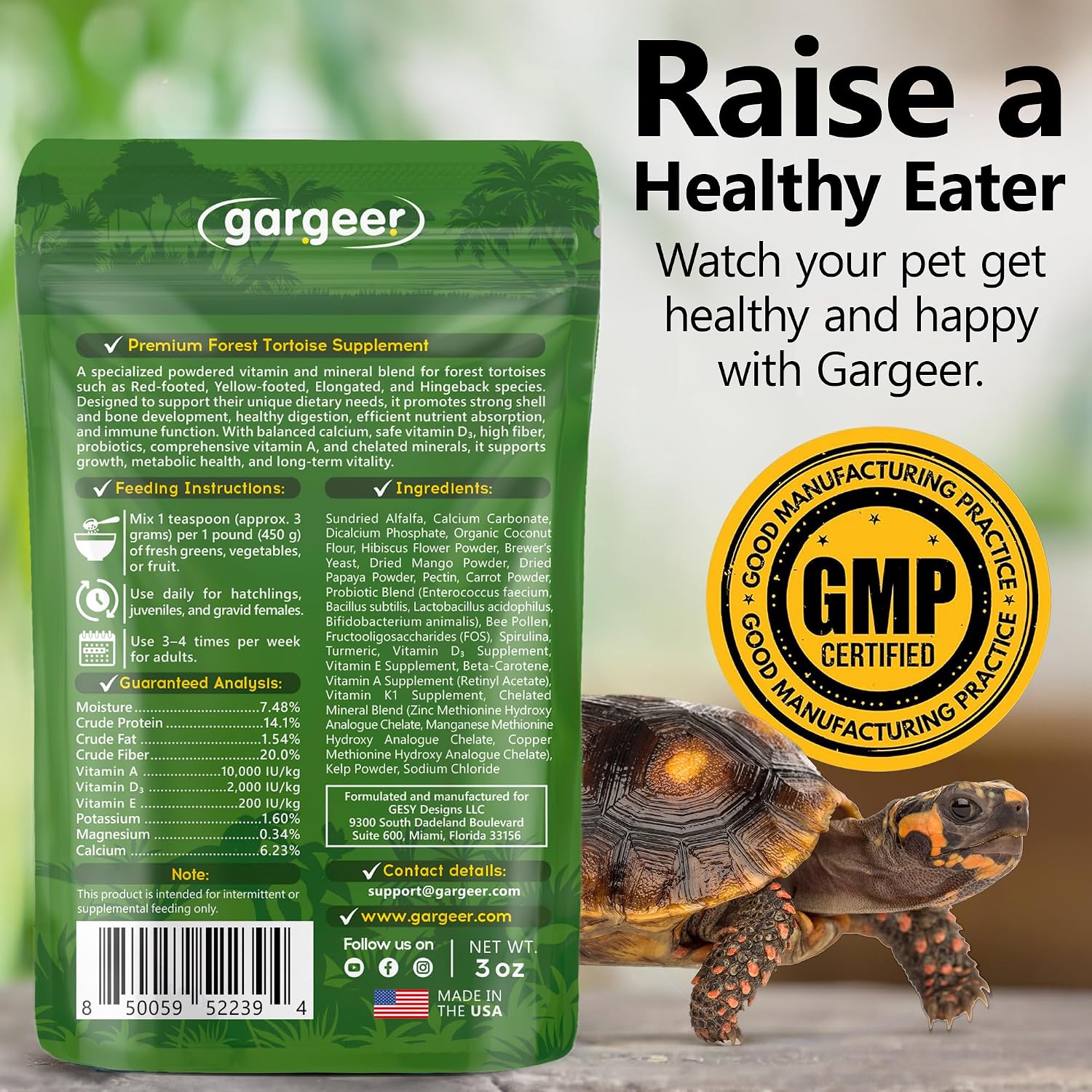 Gargeer Forest Jump - Forest Tortoise Multivitamin & Mineral Powder 2oz, Probiotics, Calcium & Vitamins for Red Foot, Yellow Foot & Hingeback Tortoises & All Forest Tortoises. Made in the USA. Enjoy! - Image 2
