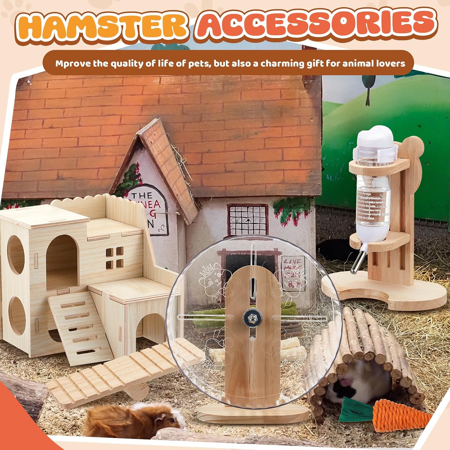 18 Pcs Hamster Cage Accessories, Silent Hamster Wheel, 15 Chew Toys Set, Maze Wood House and Water Bottle Set for Rat Mice Small Animals Habitat (Fun Interactive Style) - Image 7