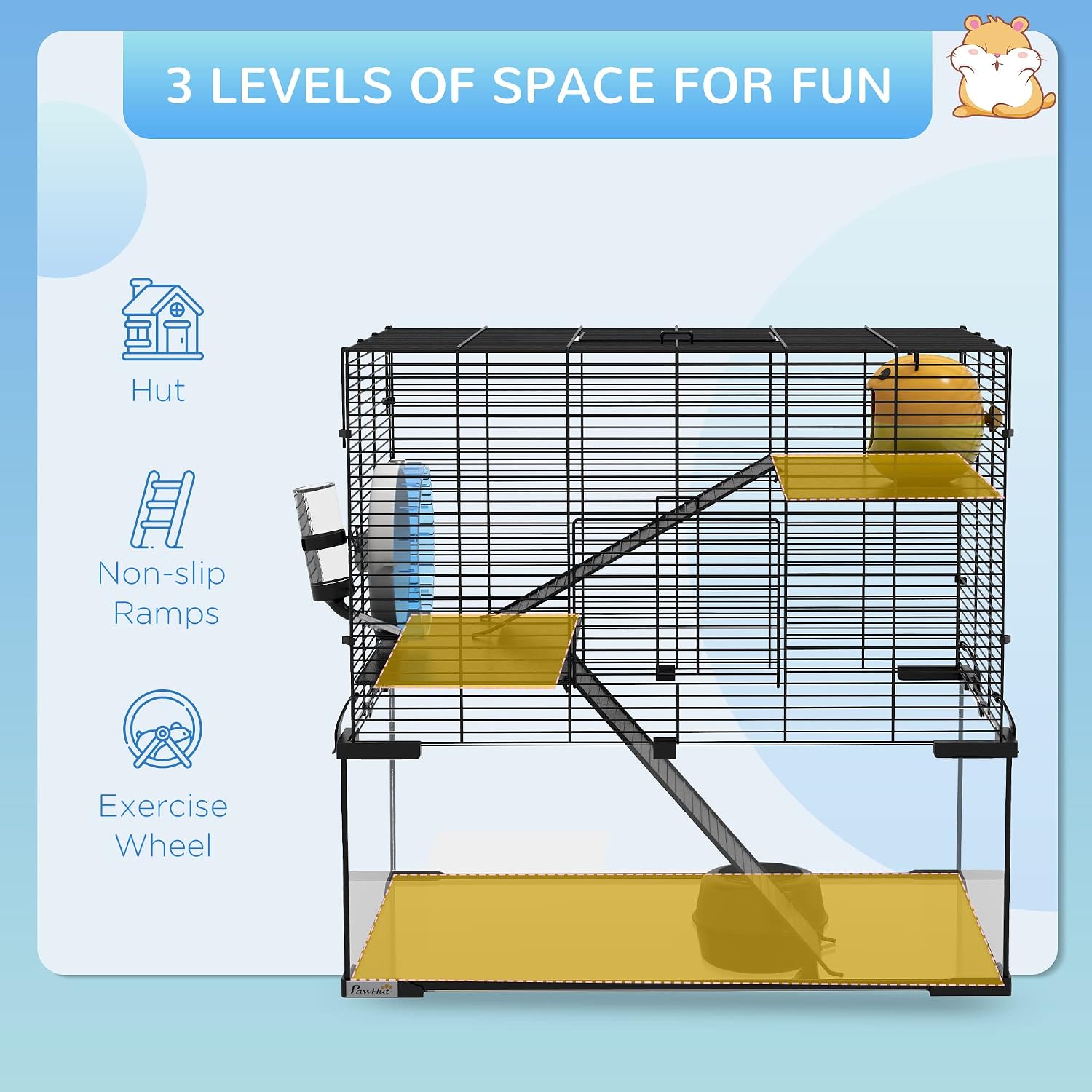 PawHut Large Hamster Cage with Deep Tempered Glass Bottom, 3 Tiers Hamster Tank with Running Wheel, Hut, Water Bottle, Dish, Rat Cage for Syrian, Dwarf, Gerbils, Mouse, 23.5" x 16" x 22.5", Black - Image 3