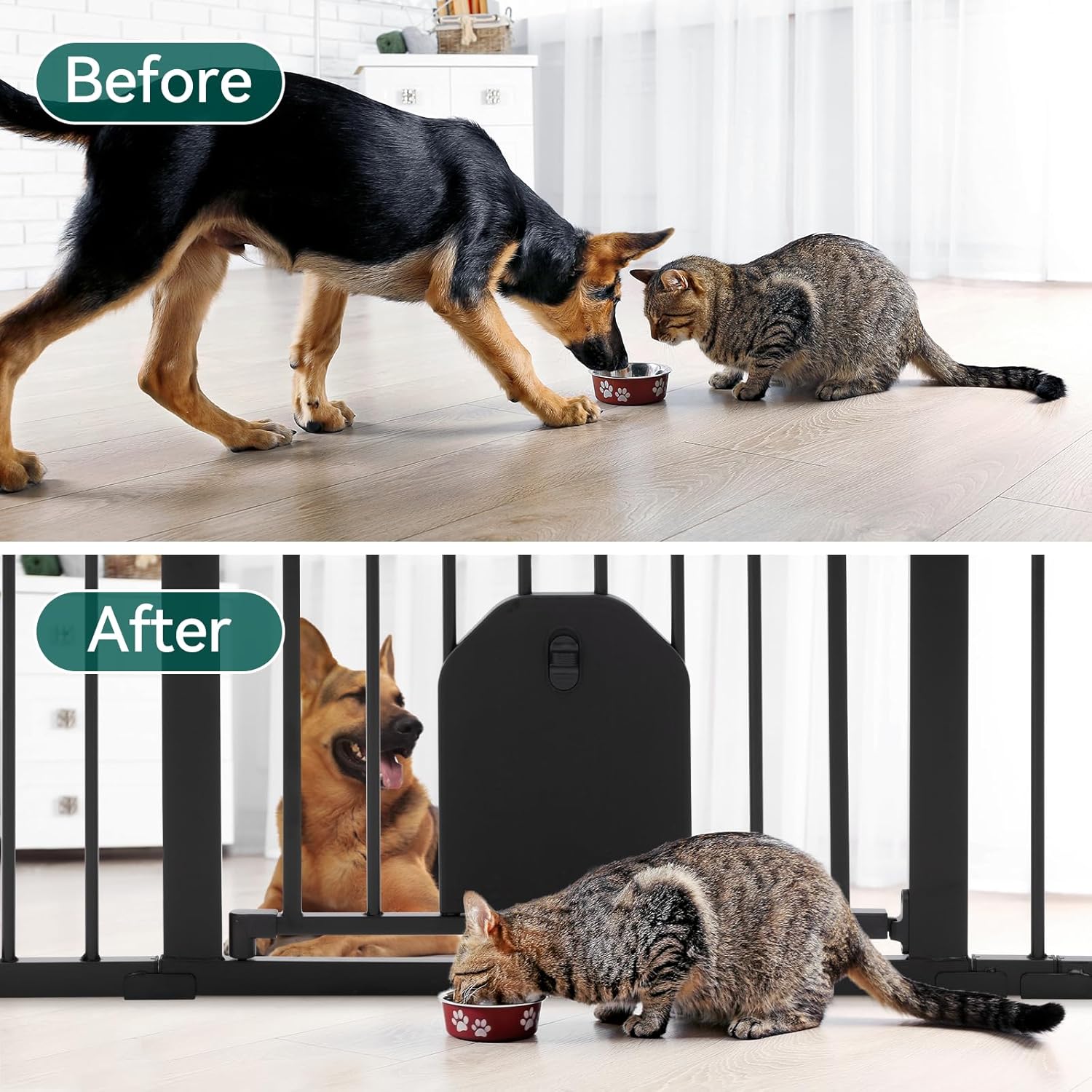 Babelio Auto Close Baby Gate with Cat Door, CatPrivilege Ⅰ, 29-43" Metal Gate for Doorway, Stairs, House, Easy Walk Thru with Pet Door, Includes 4 Wall Cups and 3 Extension Pieces, Black - Image 9