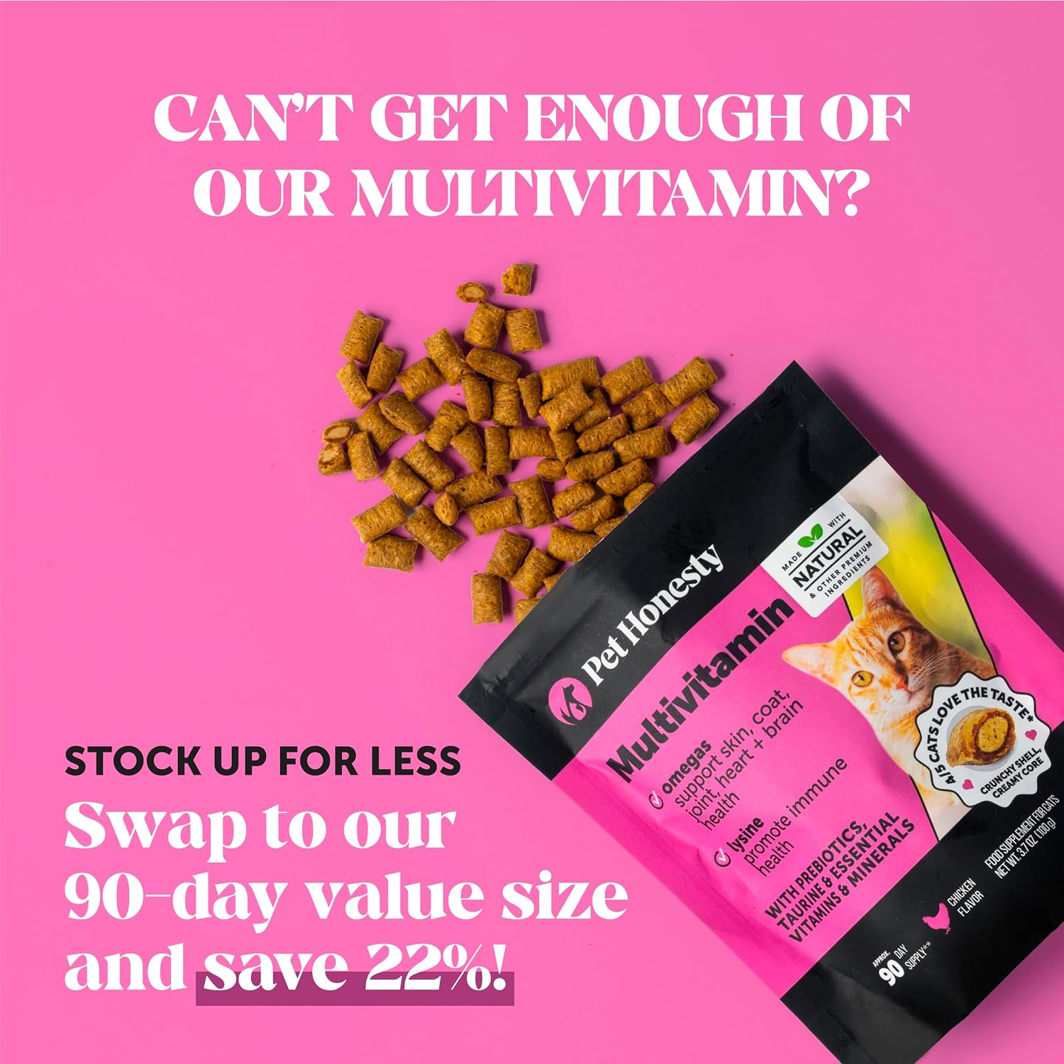 Cat Multivitamin Crunchy Creamy Chews - Daily Cat Vitamins with Lysine, Prebiotics, Omega 3 Fish Oil - Cat Treats for Immune Support, Skin Coat, Digestion, Heart + Joint Health (30-Day Supply) - Image 8