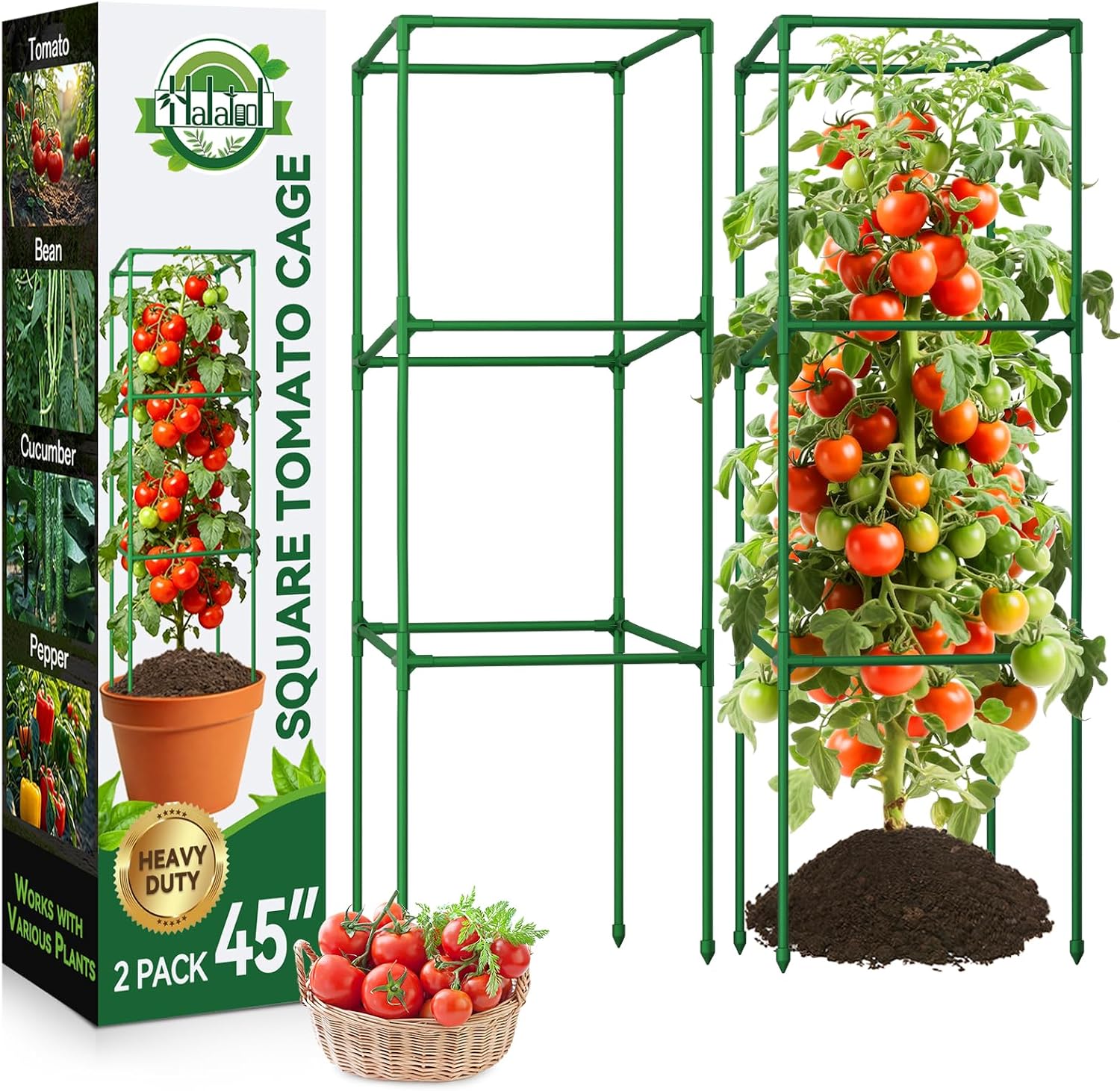 Halatool 2 Pack 45 Inches Tomato Cages for Garden, Heavy Duty Adjustable Square Tomato Trellis for Climbing Plants – Green Plant Support Stakes for Vegetables Flowers Fruits & Raised Bed Outdoor