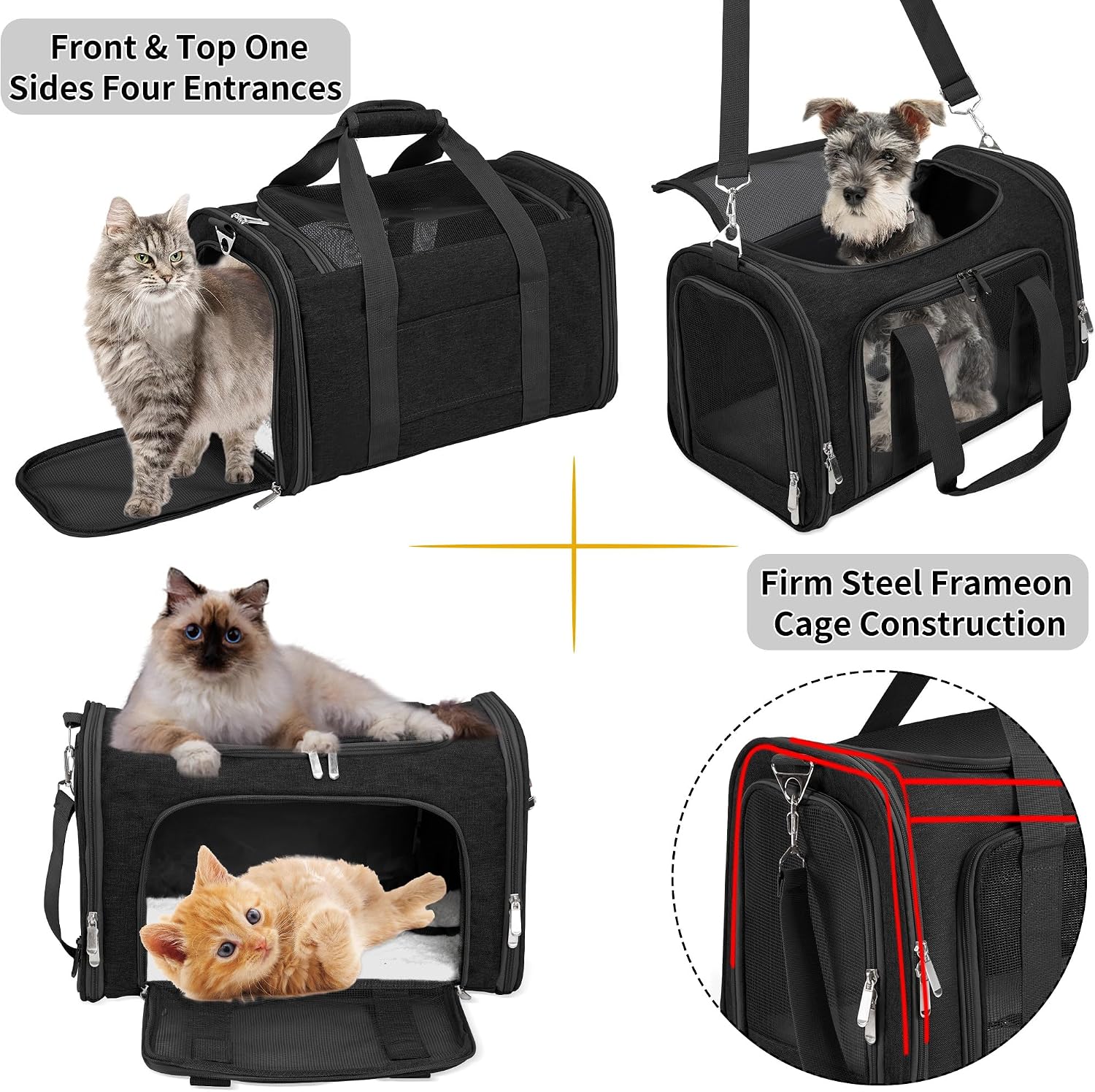Soft-Sided Cat/Dog/Pet Carrier, Collapsible Pets Travel Carriers for Big Cats/Small Dogs with Shoulder Strap & Removable Mat, Mesh Puppy Carry Bag, Up to 16 Lbs, TSA Airline Approved(Black) - Image 5
