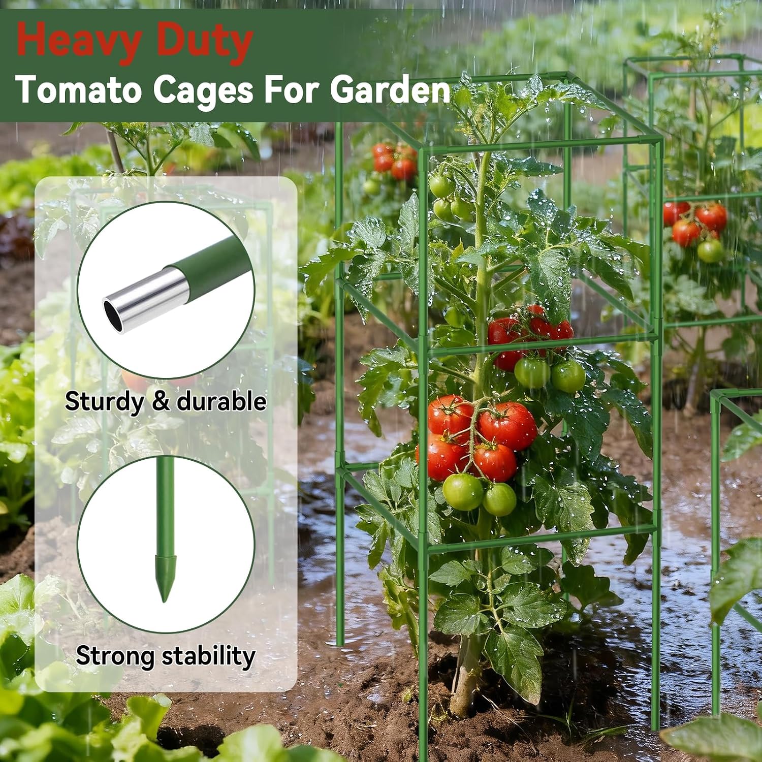 Halatool 2 Pack 45 Inches Tomato Cages for Garden, Heavy Duty Adjustable Square Tomato Trellis for Climbing Plants – Green Plant Support Stakes for Vegetables Flowers Fruits & Raised Bed Outdoor - Image 2