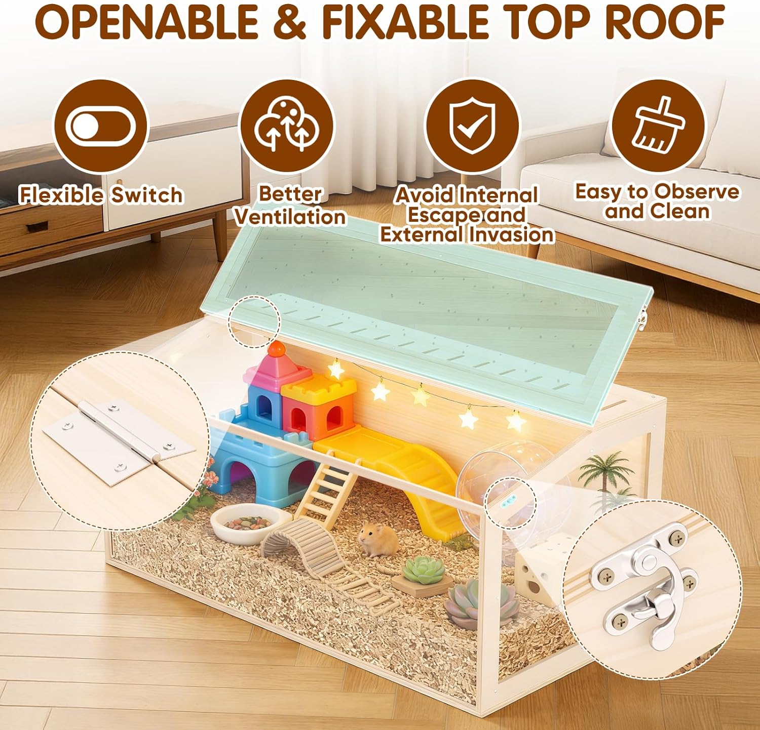 Wooden Hamster Cage, 32inch Large Hamster Enclosure with Openable Top & Stabilized Acrylic for Small Animals, Guinea Pig, Rabbit, Rat, 32" L x 16''W x 16''H Hamster Habitat with Multi-Vent - Image 6