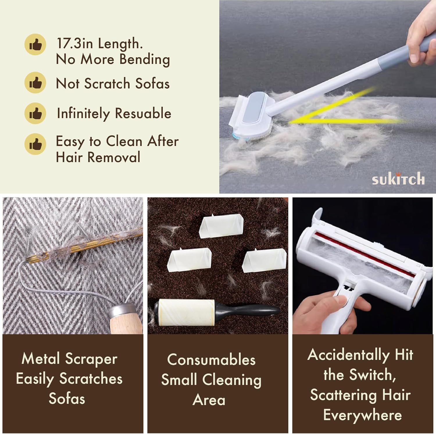 Pet Hair Remover for Couch and Furniture, 17.3-Inch Reusable Washable Lint Cleaner for Dog and Cat Hair, Long Handle for Bedding, Sofa and Fabric Surfaces - Image 3