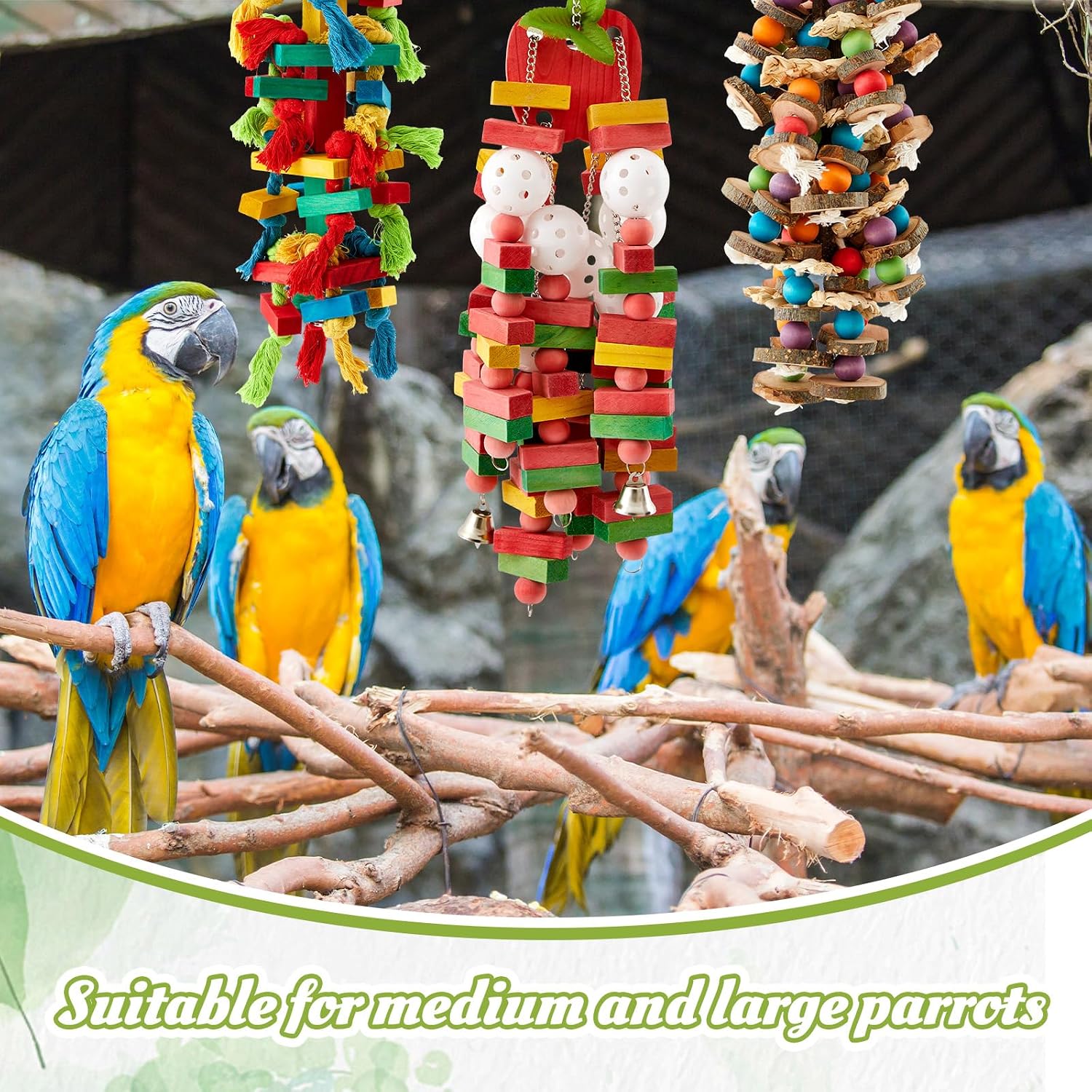 Seenelling 3 Pcs Extra Large Bird Parrot Toy Multicolored Natural Wooden Parrot Cage Chewing Toys for Large Medium Macaws Cockatoos African Grey Birds (Block and Ball) - Image 4