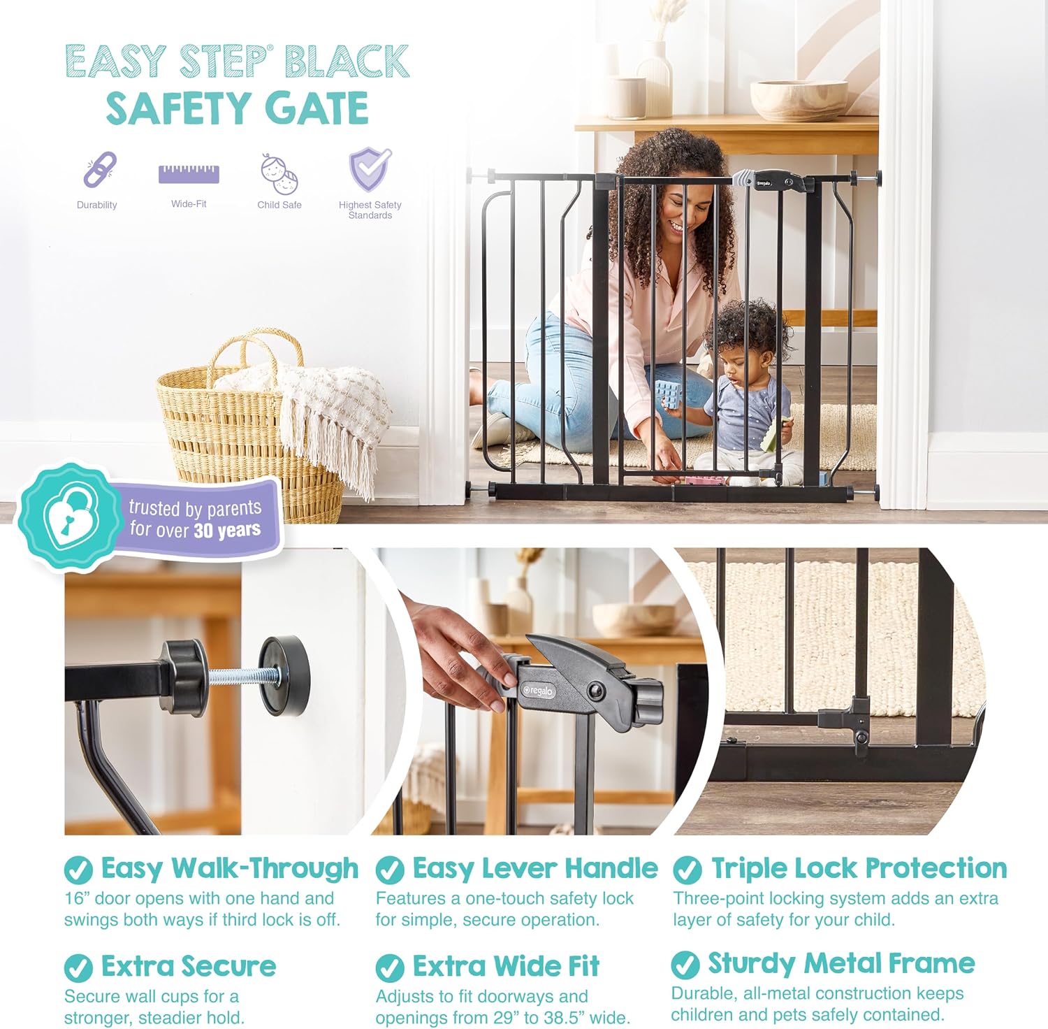 Regalo Safety 29-38.5" Baby Gate for Doorways & Bottom of Stairs, Pressure Mounted Baby Gate with Door for Babies, Toddlers & Pets, Tested & Safe for 30 Years, American Designed, American Owned, Black - Image 4