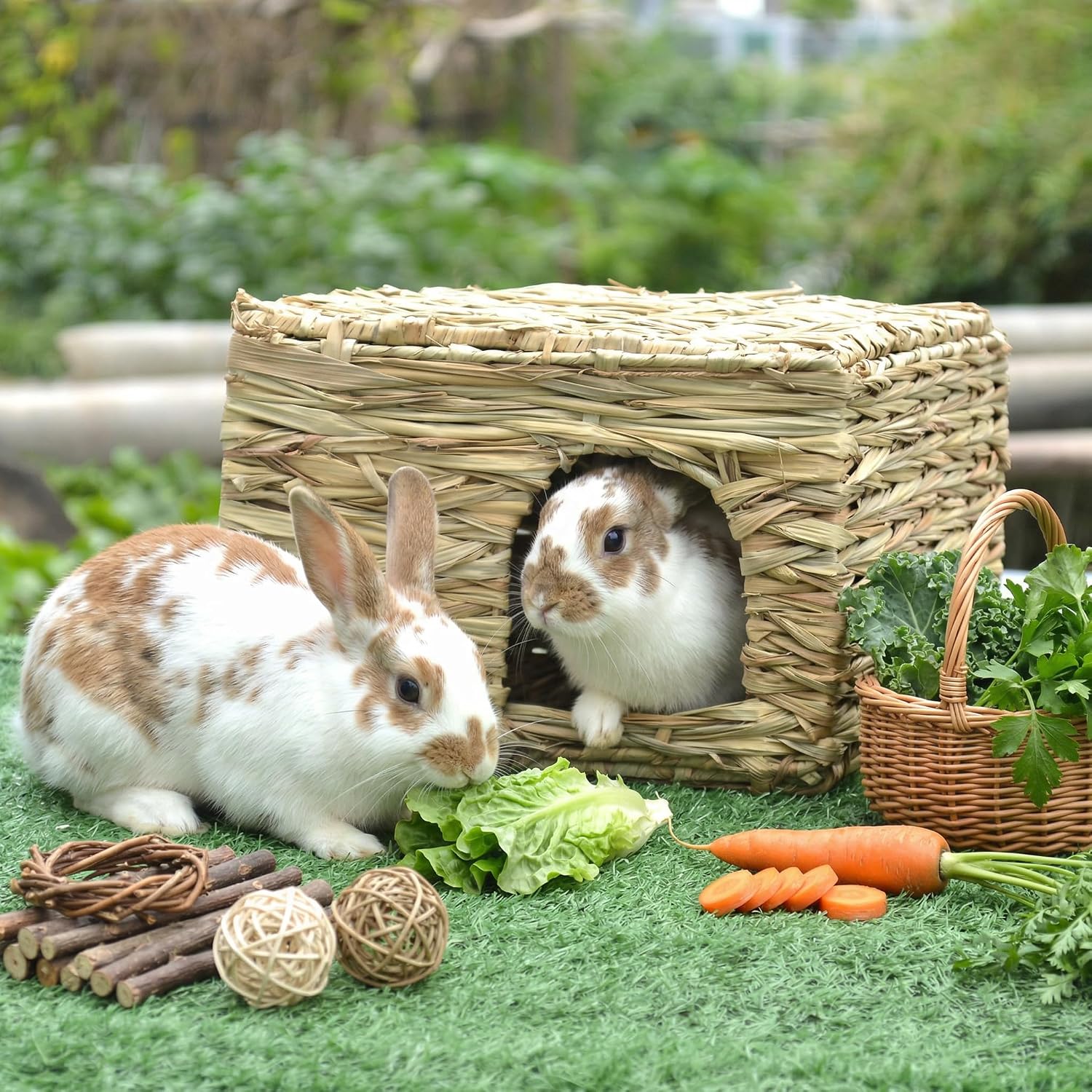 WUWEOT 2 Pack Large Grass Bunny House, Foldable Rabbit Hut, Play Hideaway Bed Hay Mat Chew Toy for Rabbit, Guinea Pigs, Gerbils, Hamster and Small Animals, 11"x8"x8" - Image 8