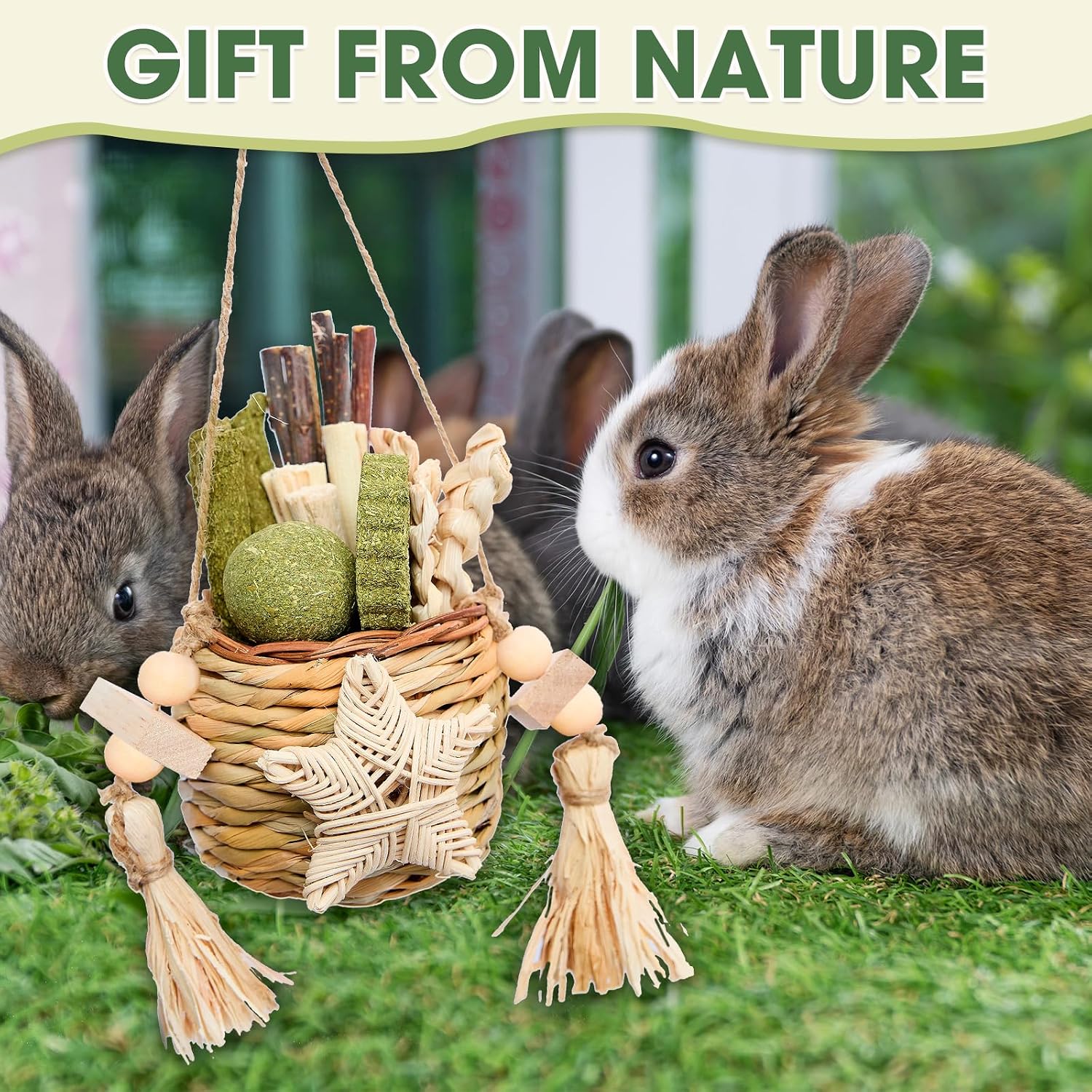 Jorewood Natural Reedgrass Chew Toy Basket for Small Pets – Hanging Rodent Dental Toys with Hay Lollipop, Apple Sticks, Sweet Bamboo (Hamsters, Rabbits, Chinchillas, Guinea Pigs) - Image 3