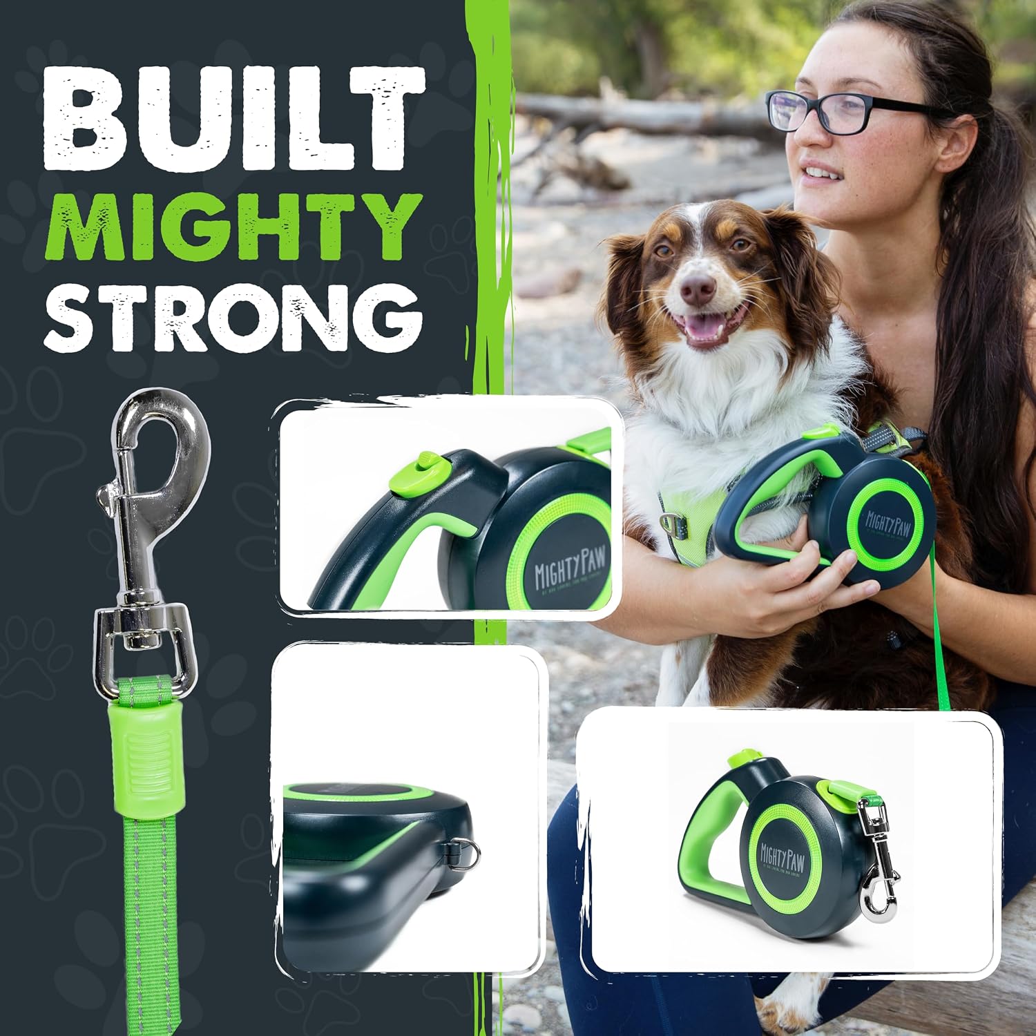 Mighty Paw Retractable Dog Leash 2.0 | 16' Heavy Duty Reflective Nylon Tape Lead for Pets up to 0-50 lbs. Tangle Free Design W/One Touch Quick-Lock Braking System & Anti-Slip Handle (Green/Lite) - Image 9