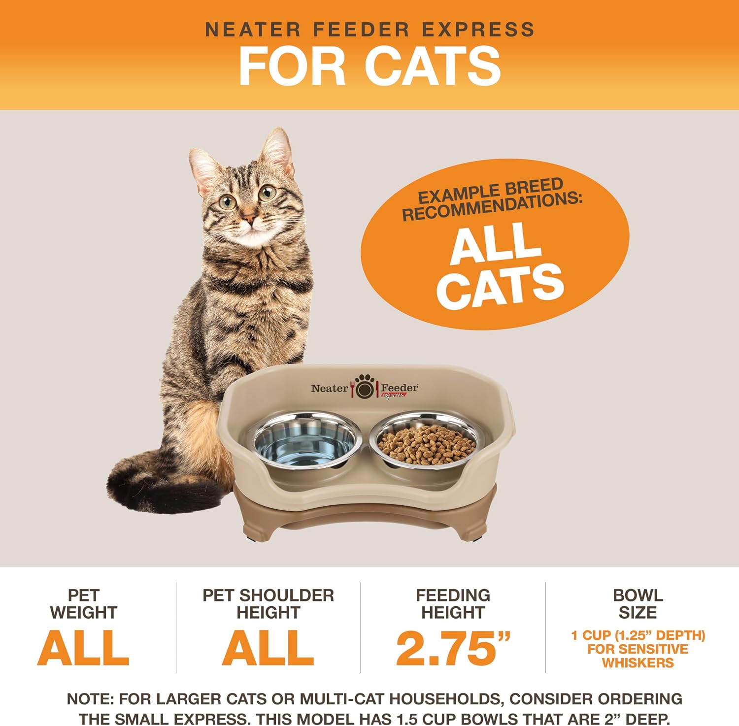 Neater Feeder Express Mess Proof Cat Bowls Elevated, No Spill Feeding Station, Stainless Steel Dishes for Food and Water, Raised Bowls for Indoor Cats, No Fatigue Whisker Friendly Dish, Cappuccino - Image 4